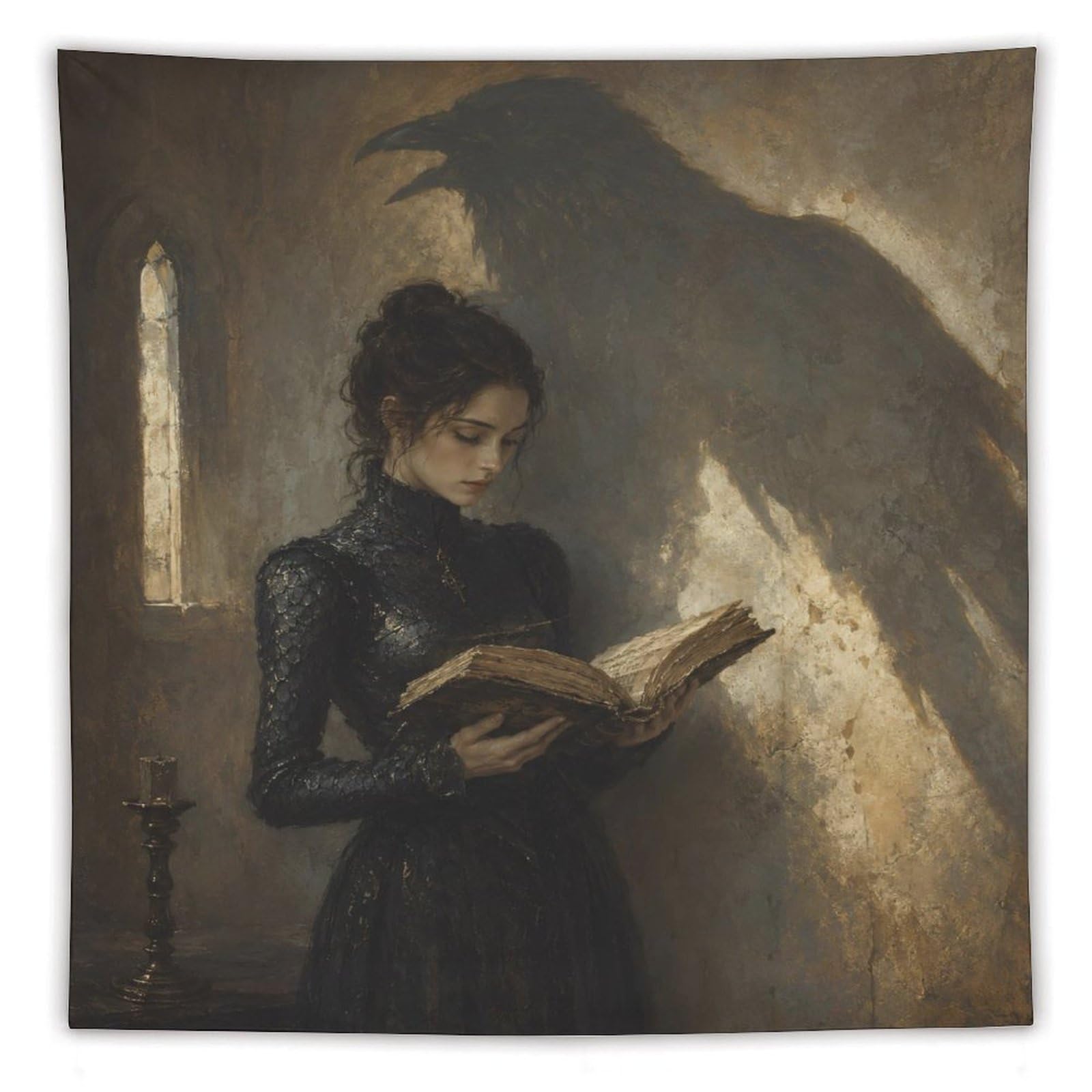 W7C8U2X3 Woman Reading Raven Shadow Wall Tapestry, Dark Literary Mood