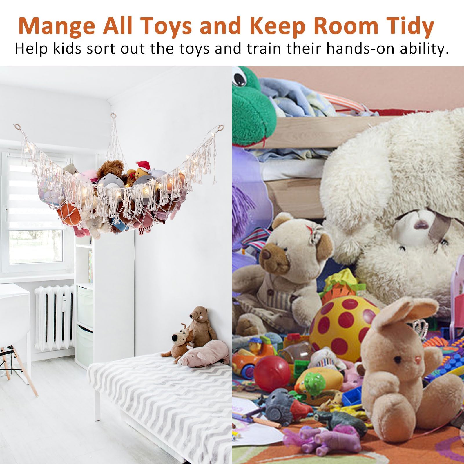 Filet De Rangement à Suspendre Pour Peluches D'enfant – 105x105x145 Cm, Blanc Avec Pompons | Économiseur D'espace Mural, Décoration Chambre