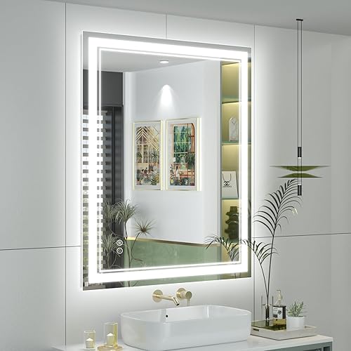 Miniatura 16 de OKPAL 50x30 Espejo de baño LED con marco negro, espejo iluminado para tocador de baño, iluminación frontal y trasera, regulable, antivaho, 3 Negro