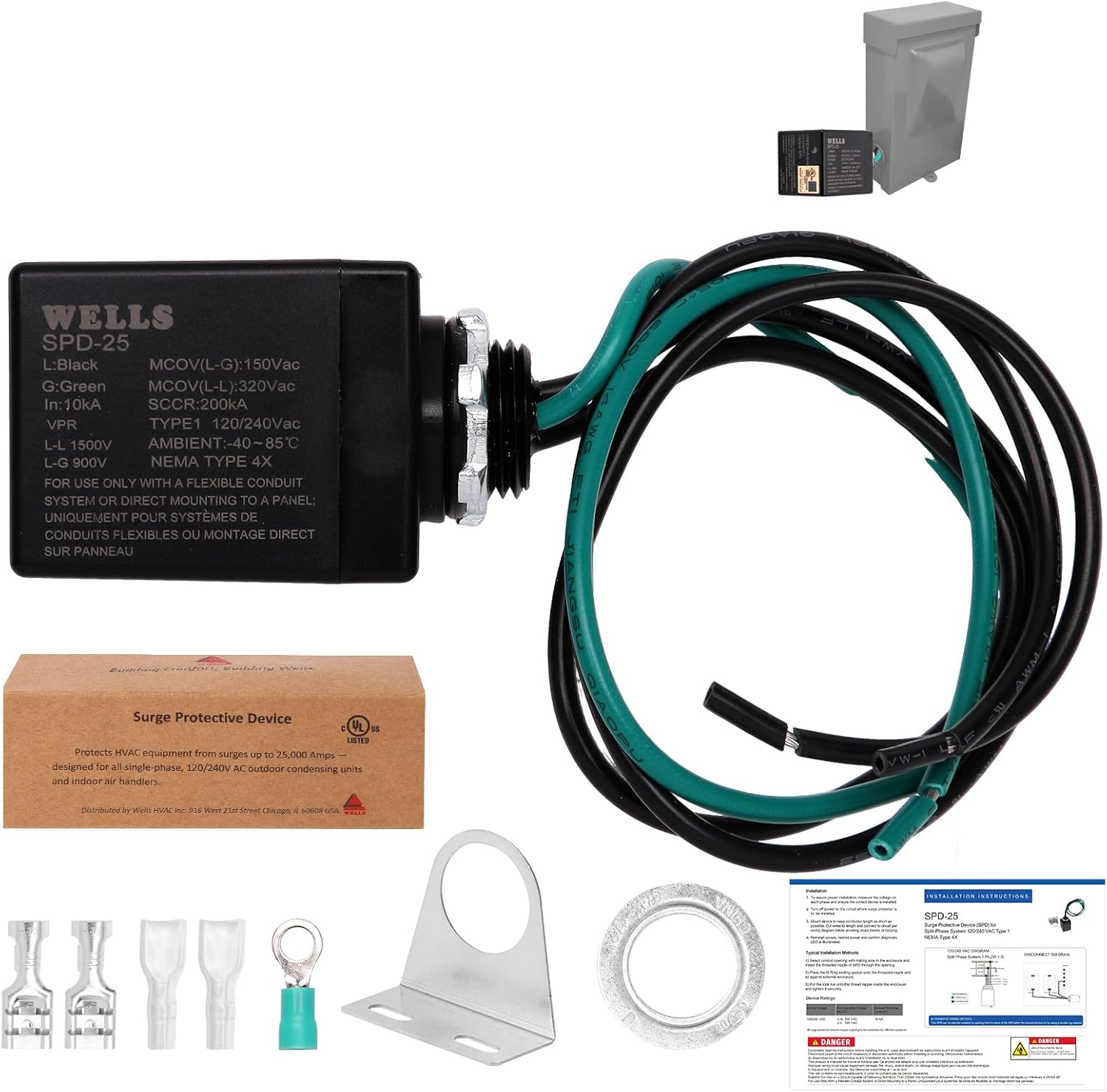 Wells 120/240V Universal Surge Protector for HVAC & Heat Pump - 25kA Type 1 SPD, 200kA SCCR, NEMA 4X/ IP66 Waterproof Outdoor Enclosure, TFMV Technology, Easy Installation (1-Phase, 3-Wire)