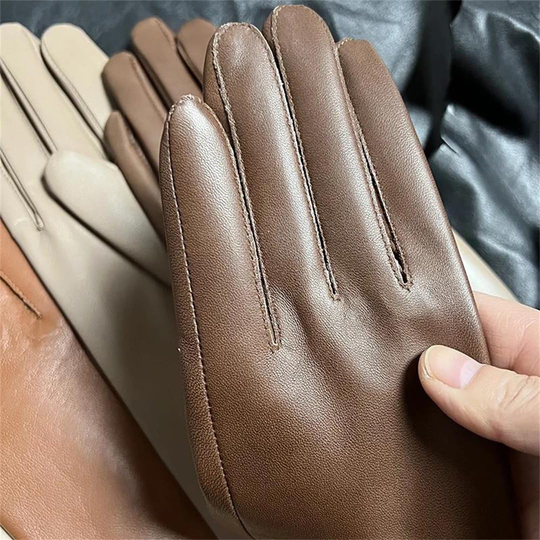 Lange Handschuhe aus echtem Leder, Unisex, weiches Schaffell, mit Fleece gefüttert, elegant, warm, Winter, modische Handschuhe, Braun, Größe XL, 65cm women thin