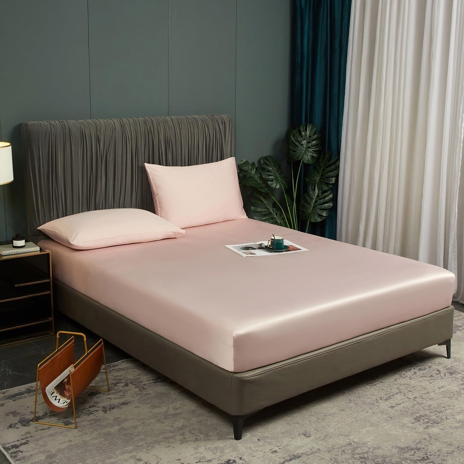 Luofanfei Drap Housse 160x200 Rose Lyocell Bambou Bonnet 30 cm Unie Motif Drap de lit Tencel Soie Lisse Soyeux Brillant Adulte Uni Drap-Housse 160 x 200cm Respirant pour Matelas Épais