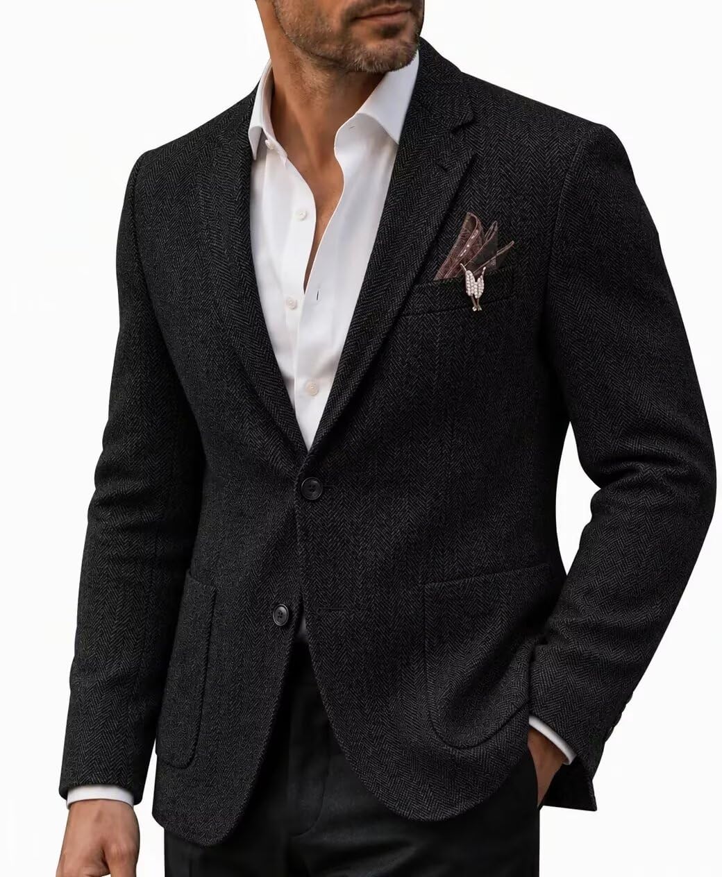 Photo 1 of Mrbuerly Men's Herringbone Tweed Blazer - Black, Wool Blend Suit Jacket - S