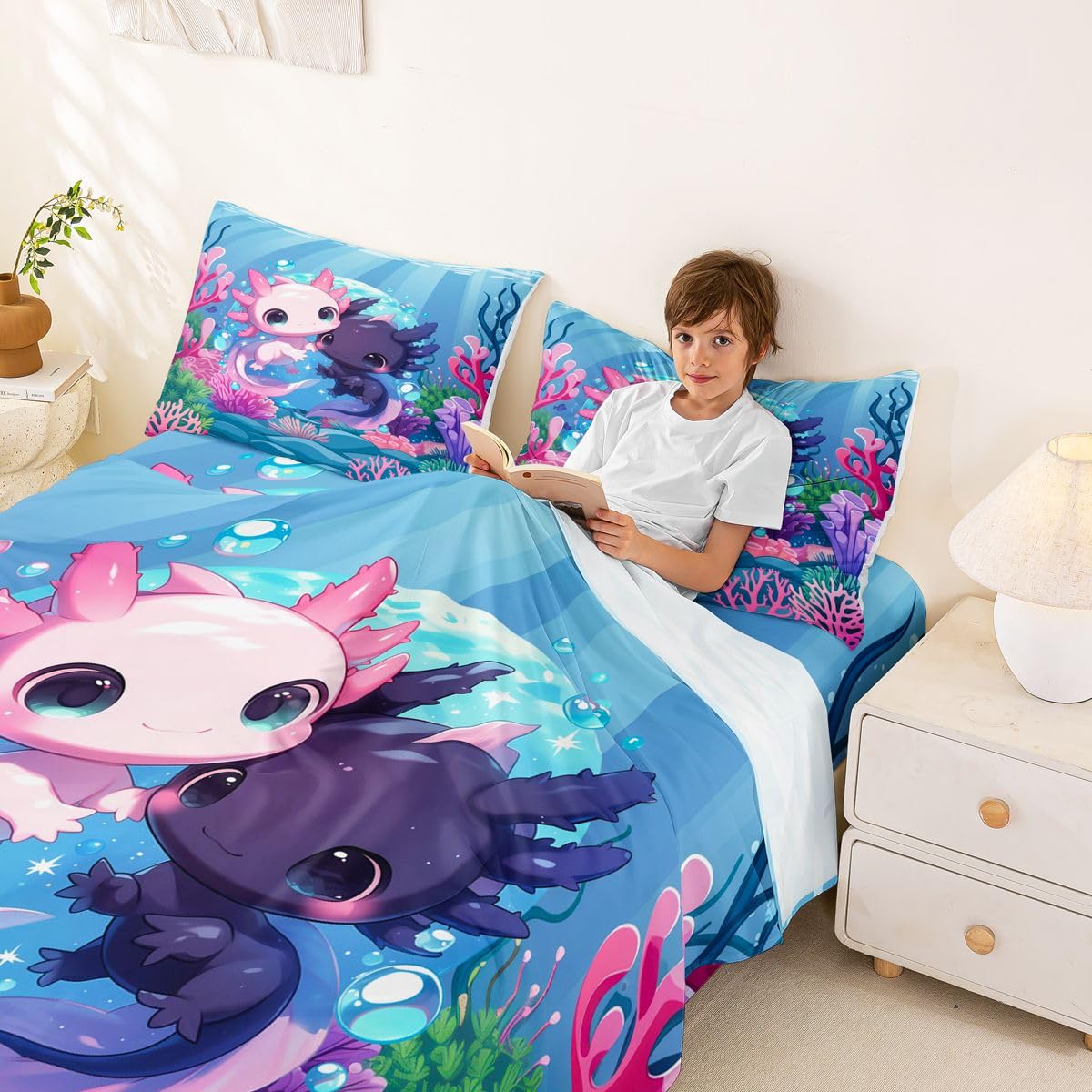 Loussiesd Lindo juego de sábanas de ajolote tamaño doble para niños y niñas, juego de ropa de cama de dibujos animados de salamandra, juego de sábanas de animales oceánicos con bolsillos profundos de