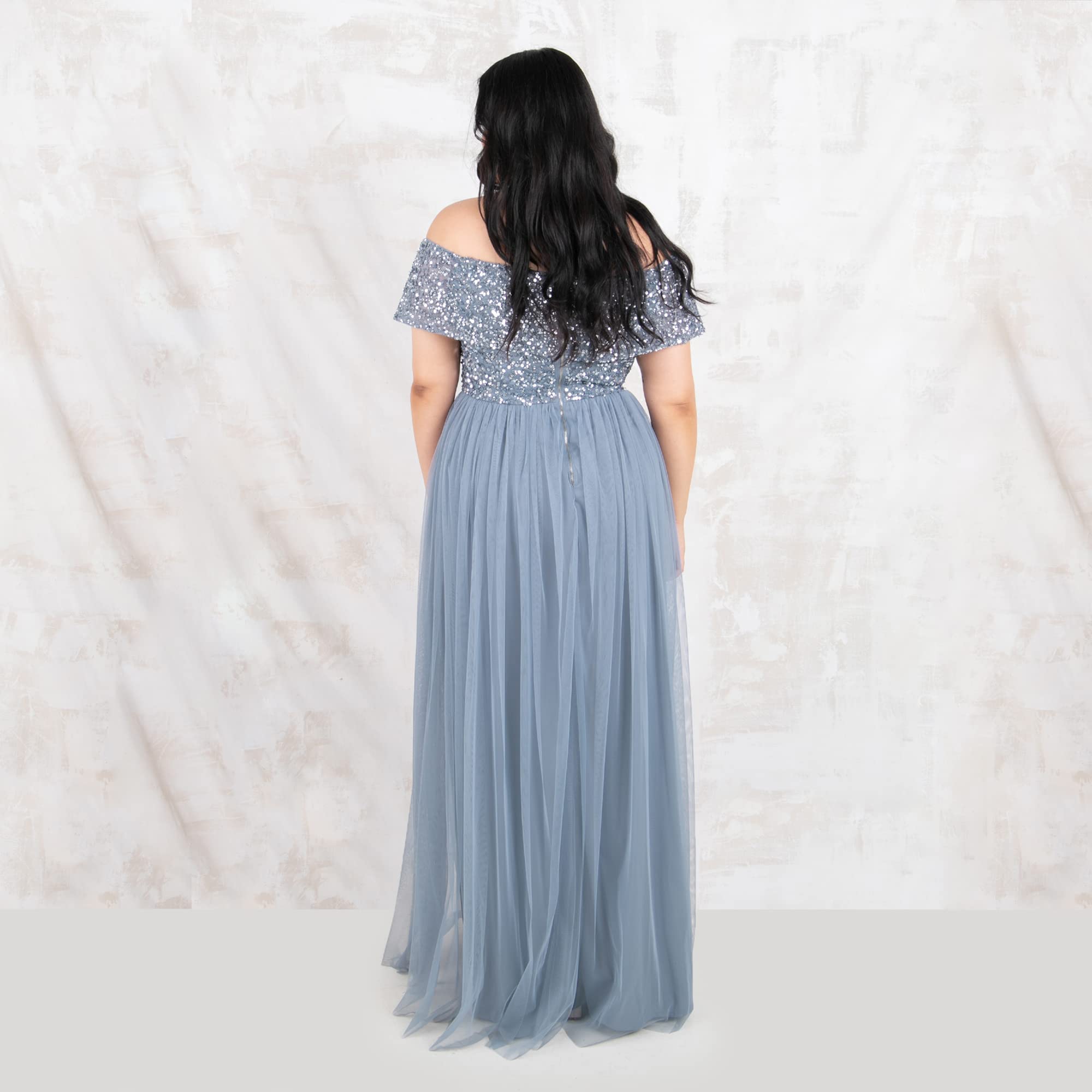 Maya Deluxe Soft Grey Bardot Embellished Maxi Dress Vestito per Damigella donore Donna