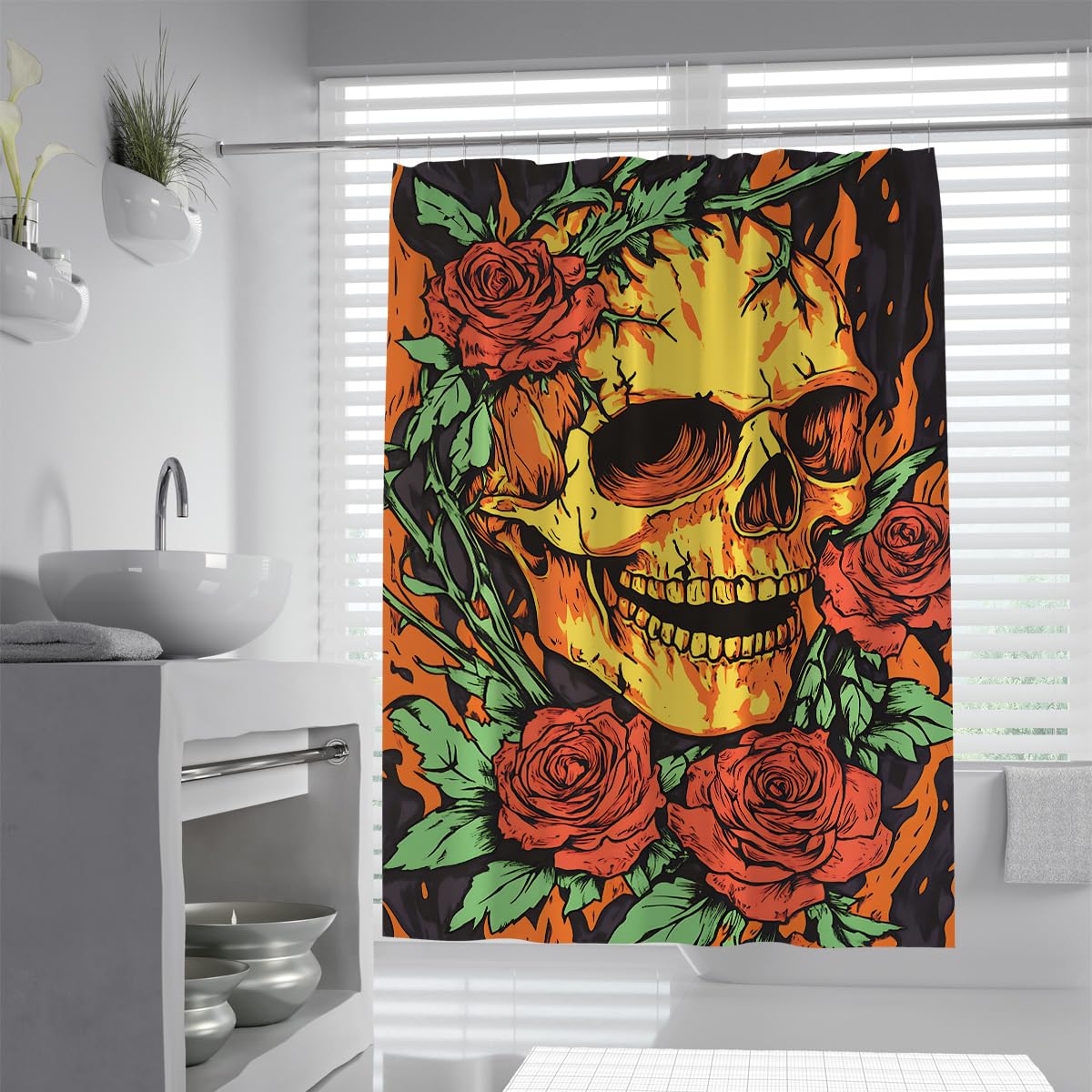 Orange Skull Duschvorhang Red Rose Vines Black Badezimmer Deko 150x180cm
