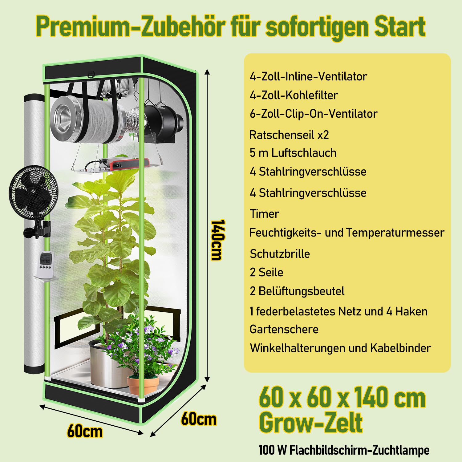 Juego completo de tienda de campaña de cultivo 60 x 60 x 140 cm – 100 W plegable LED Grow lámpara + sistema de ventilación de espectro completo para interior hidroponía