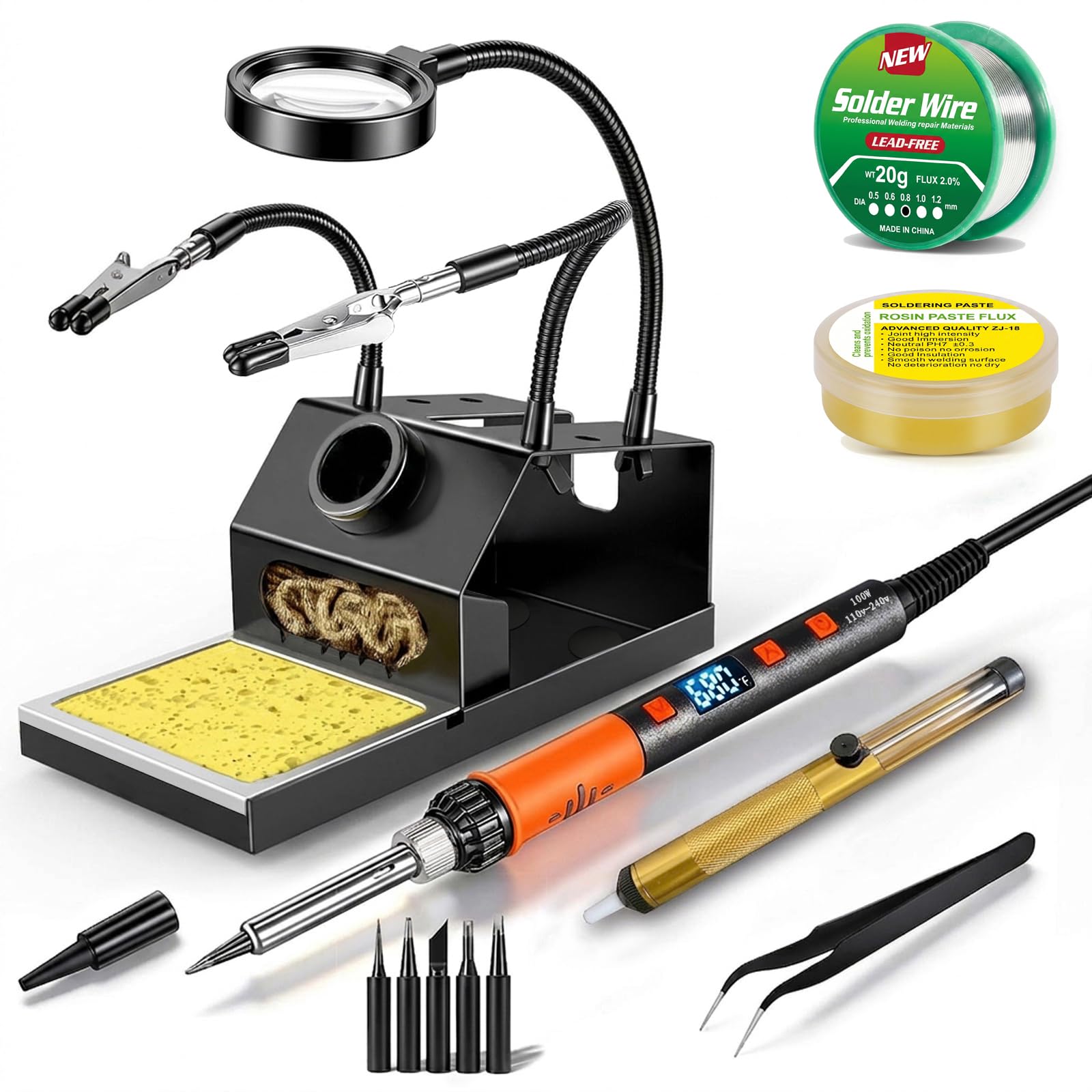 100W Soldering Iron Kit, Heavy-Duty Non-Slip Stand with Helping Hands & Magnifier, 180°C-500°C Adjustable Temperature, Auto Sleep