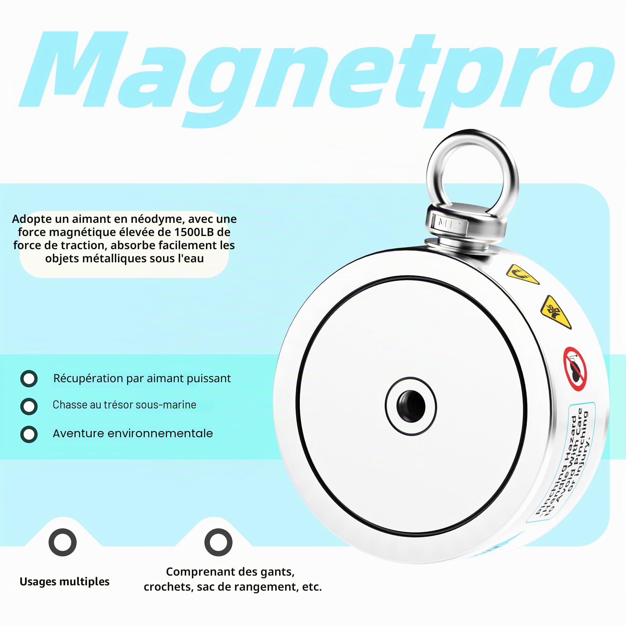 Magnetpro 1360 kg - Kit complet d'aimants de pêche double face - Contient un puissant aimant en néodyme - Corde durable de 20 m - Mousqueton, gants, crochet et sac de transport