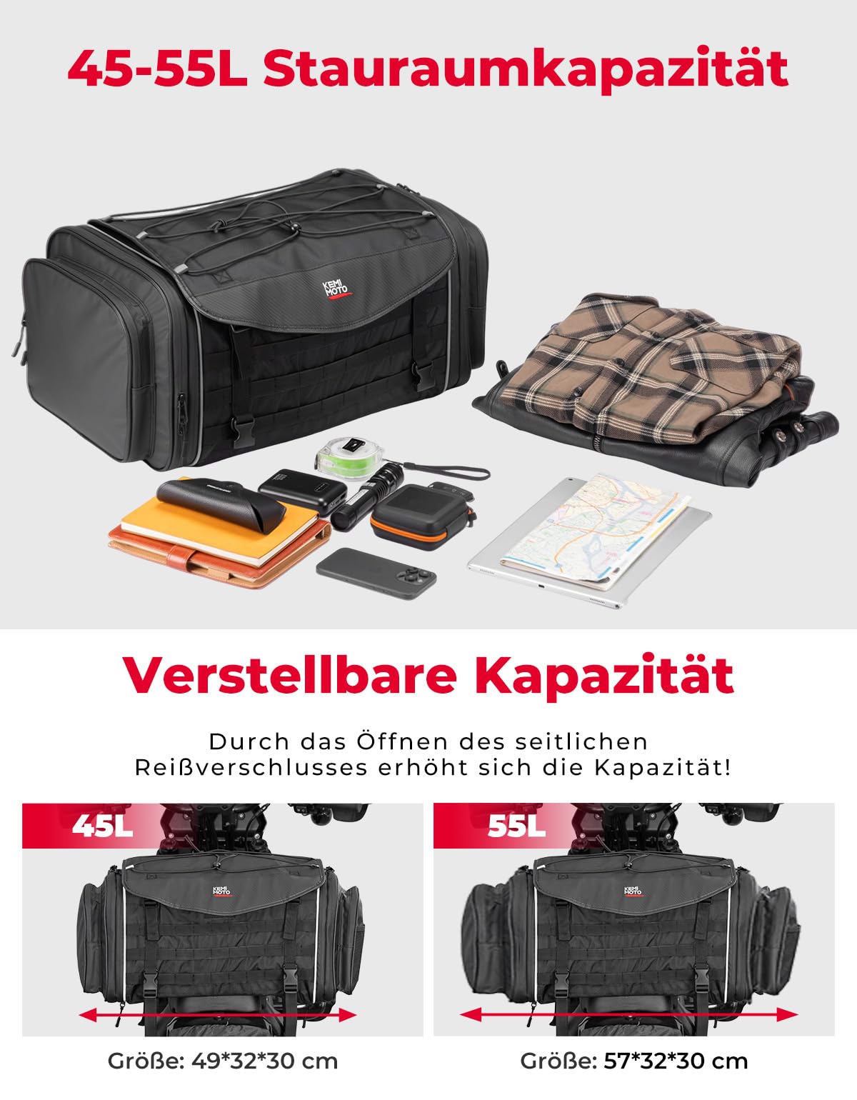 KEMIMOTO Motorrad Tasche 45-55L, wasserdichte Motorrad Hecktasche, Große Kapazität, Erweiterbare Satteltasche, Gepäckträgertasche mit Regenhülle, Einfache Montage, Schwarz