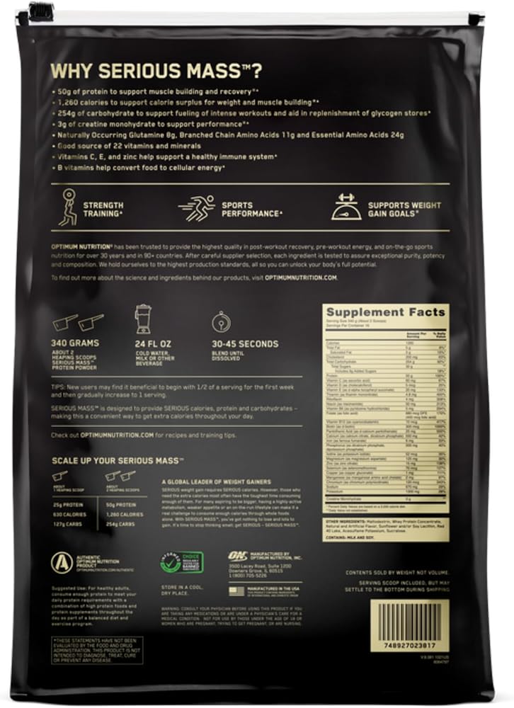 Optimum Nutrition Serious Mass, Weight Gainer Protein Powder, Mass Gainer, Vitamin C and Zinc for Immune Support, Creatine, Strawberry, 12 Pound (Packaging May Vary)