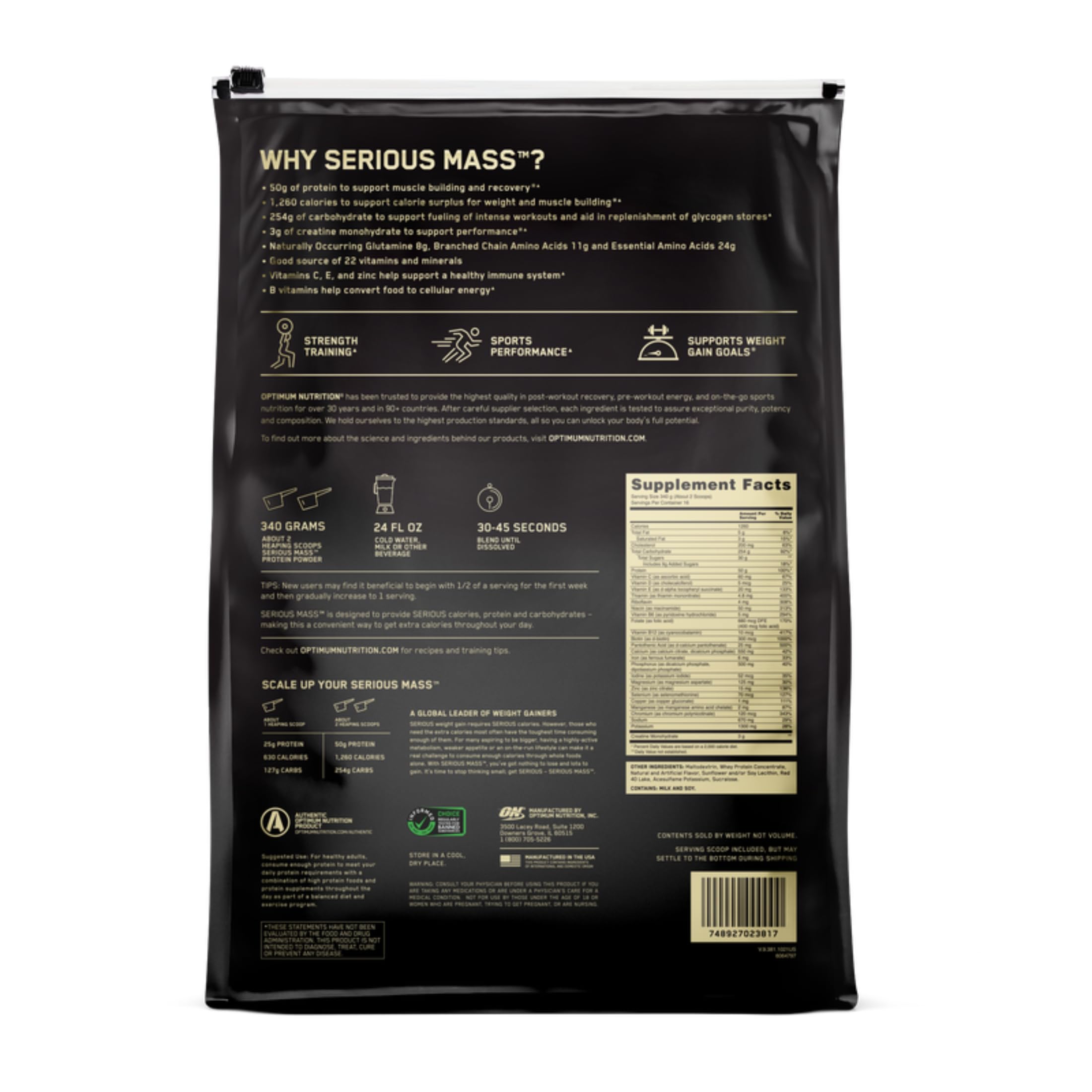 Optimum Nutrition Serious Mass Weight Gainer Protein Powder Strawberry 12LB — Amazon image 9