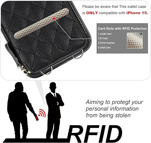 Miniatura 3 de Bocasal Funda tipo cartera cruzada para iPhone 15, con bloqueo RFID, de piel sintética, con cremallera, funda tipo cartera con función atril y