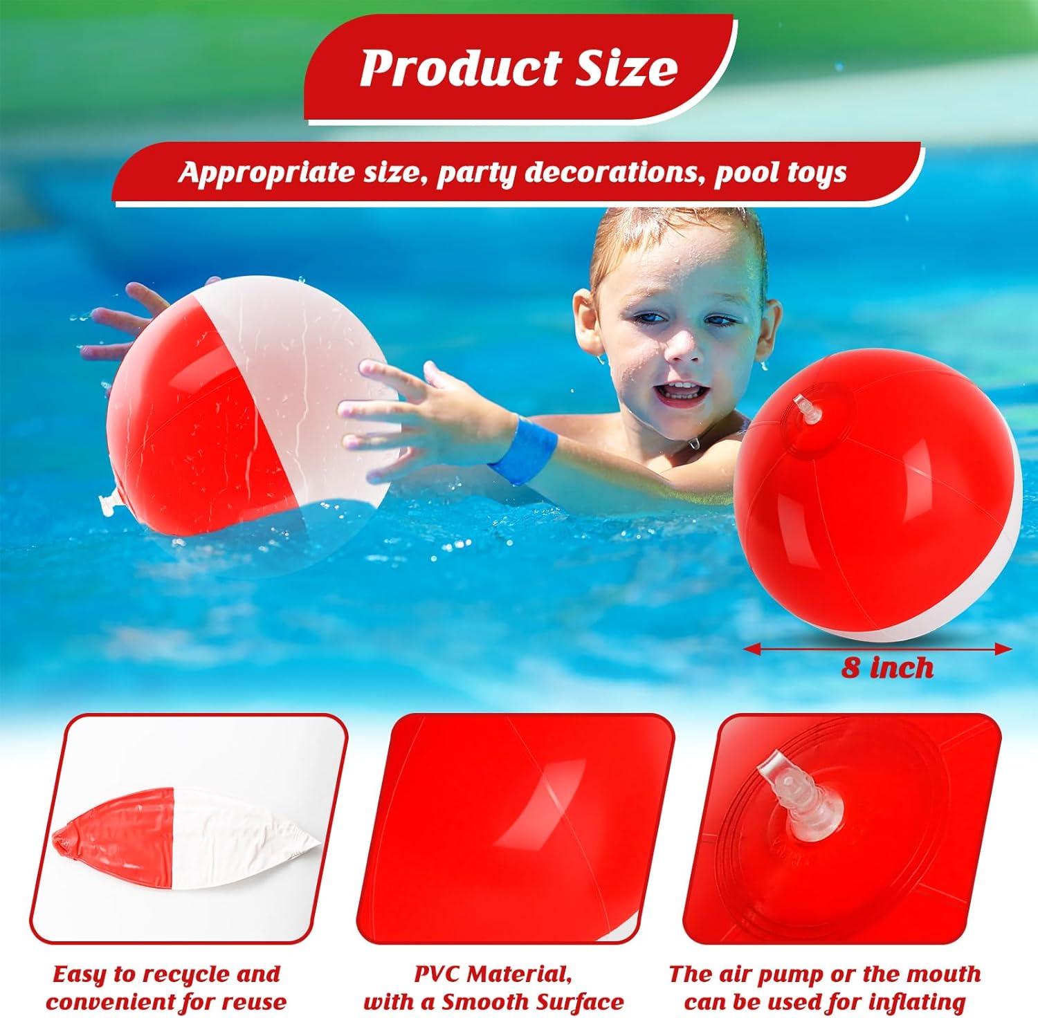 8PCS Beach Ball Set-8 Inch Vibrant Red & White Themed Inflatable Balls for Kids' Cartoon Birthday Parties,Summer Pool Games,Animated Decorations, Bulk Party Favors,Outdoor Activities