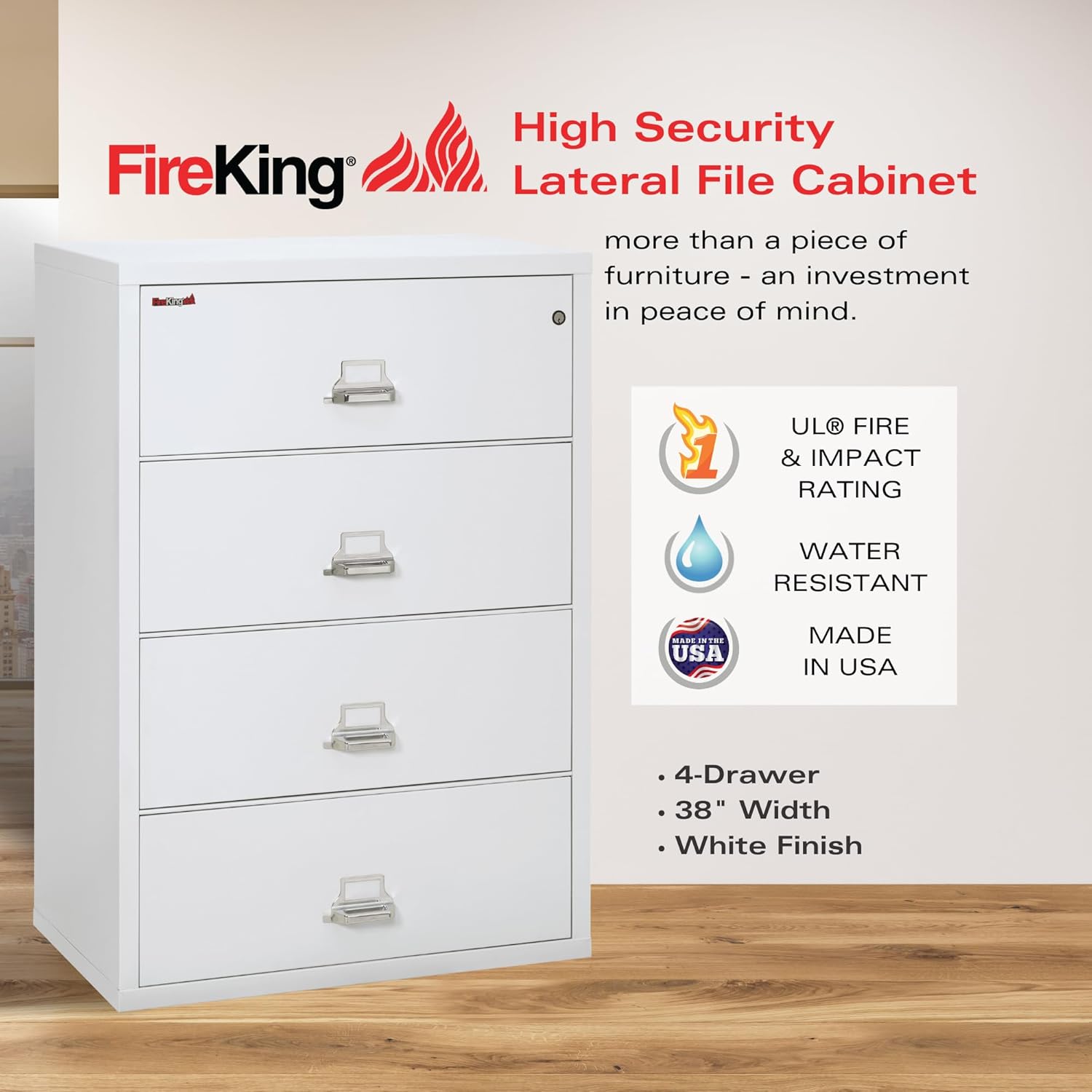 Fireking Fireproof Lateral File Cabinet (4 Drawers, Impact Resistant, Water Resistant), 38" W x 22" D, Arctic White, Made in USA
