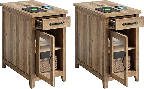 LINSY HOME Juego de 2 mesas auxiliares con estación de carga, mesa auxiliar moderna de estilo granja para sofá, mesa auxiliar de madera para Marrón