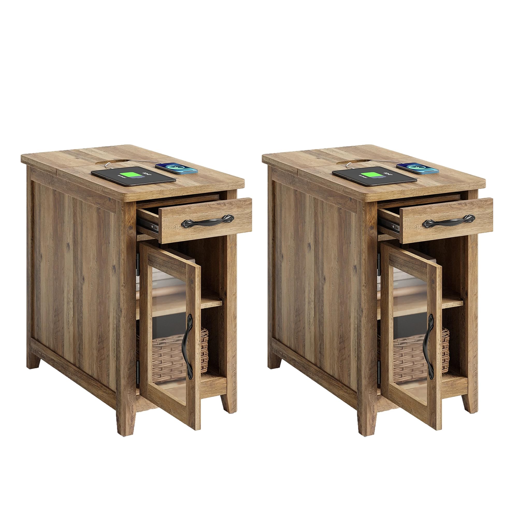 LINSY HOME End Table Set of 2 with Charging Station, Modern Farmhouse Sofa Couch Side Table, Wooden Bedside Table for Living Room, Nightstand with