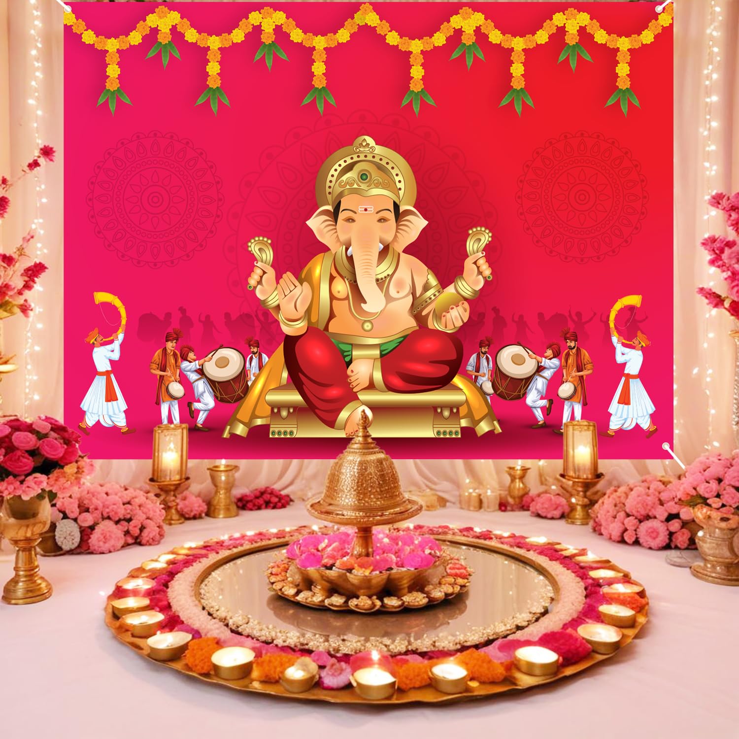 Party Propz Ganpati Printed Puja Decoration Backdrop - 1pc Diwali Decoration for Home Decor, Navratri Decorations Items, Backdrop Cloth for Decorations Pooja, Background Cloth (Cloth Banner) - Image 4 thumbnail
