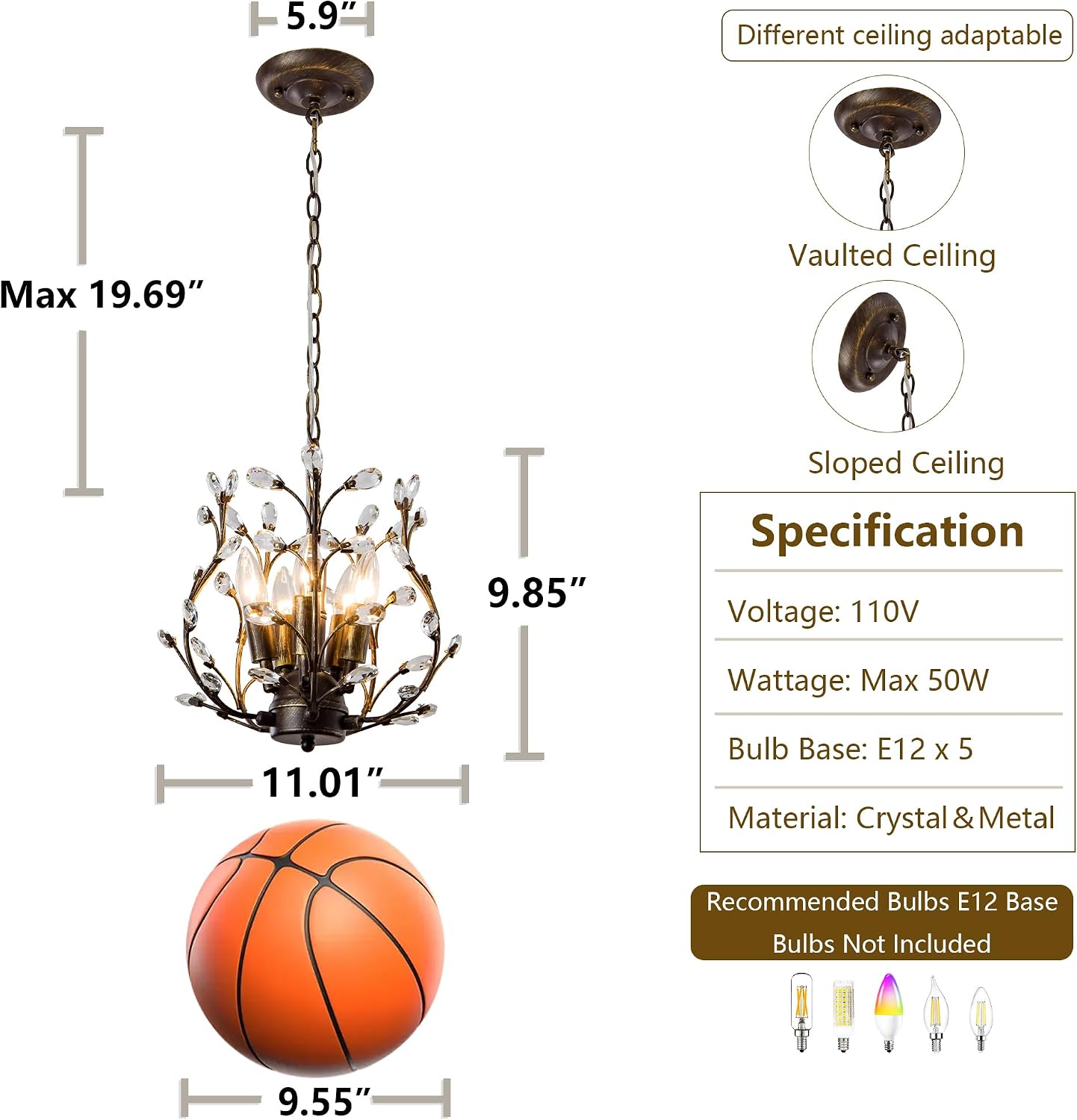 5-Light Vintage Crystal Chandelier with Bronze Finish, 11" Tree Branch Light Fixture for Dining Living Room Kitchen Island Bedroom, Adjustable Hanging Chain