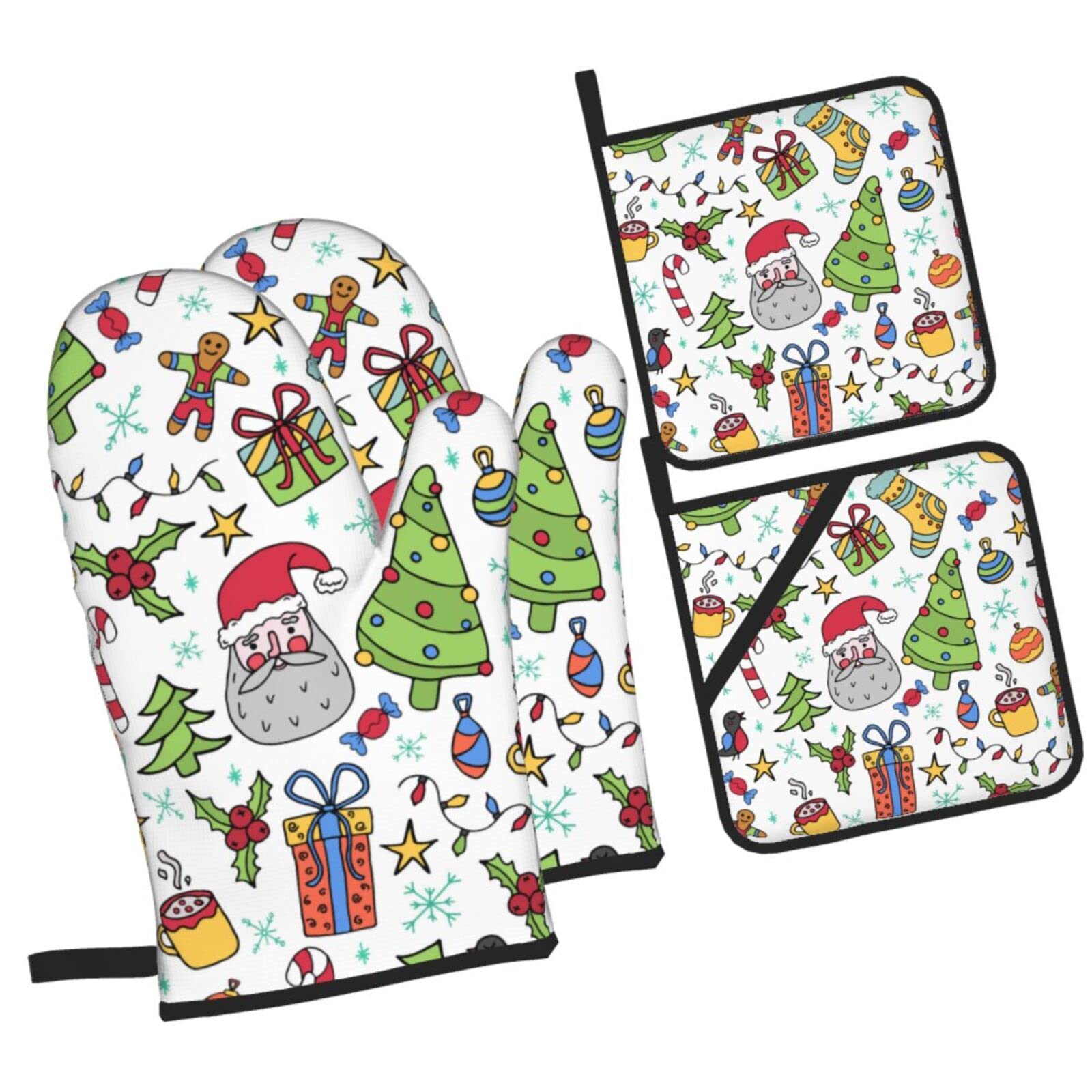 Christmas Doodle Style Oven Mitts and Pot Holders Sets, Christmas Oven Mitt Kitchen Heat Resistant Non-Slip Pot Holders Set for Cooking Baking BBQ