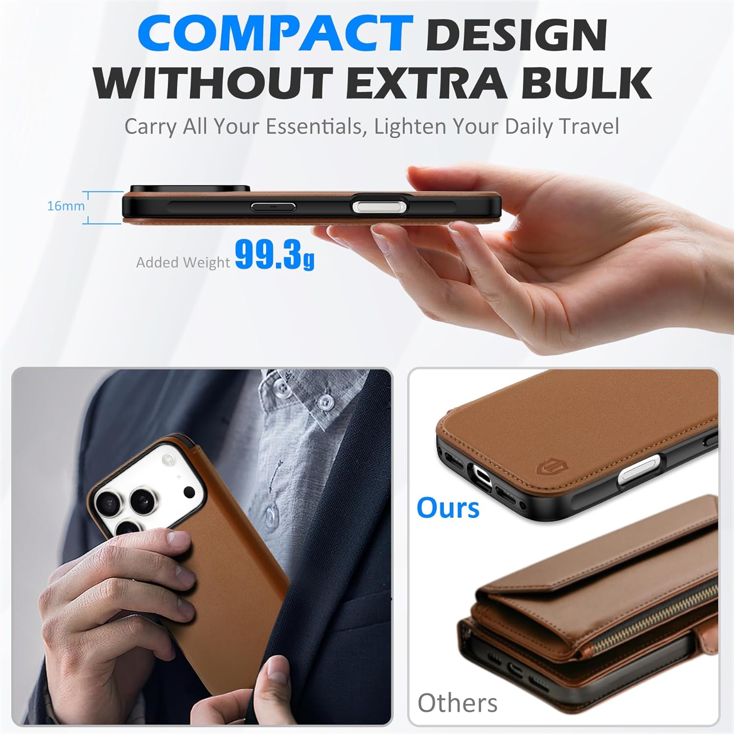 SHIELDON Real Leather Slim Case Wallet for iPhone 17 Pro 6.3-inch | Flip, Wireless Charging, Magnetic Closure, RFID Blocking Credit Card Holder, Full Protective Phone Cover - Saddle Brown - Image 4