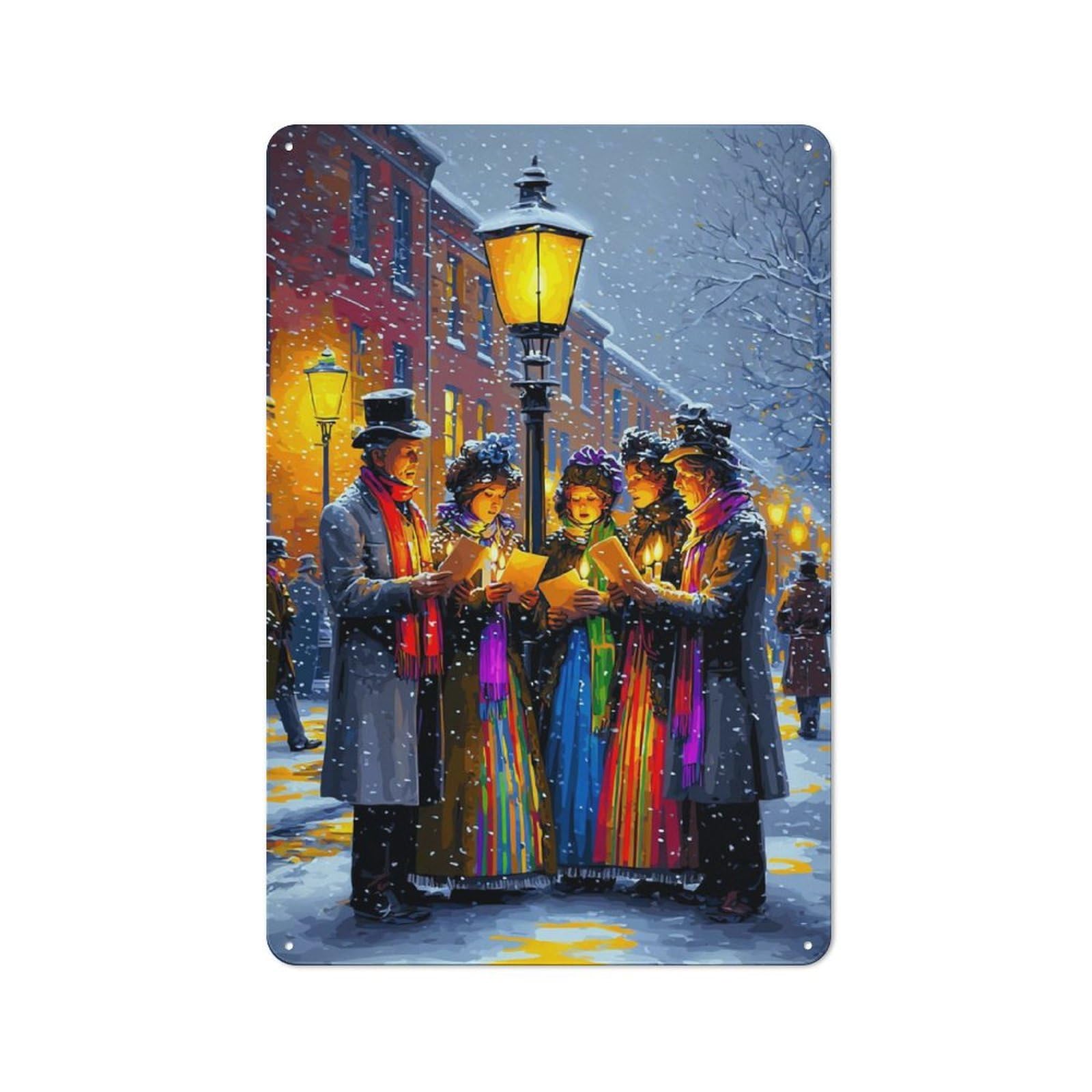 Junmoney Christmas Carolers In Snowy Street -5 Shed Style Rustic Tin Sign 30X20cm Featuring Utility Space Decor For Conservatory, Home Bar Or Utility Room