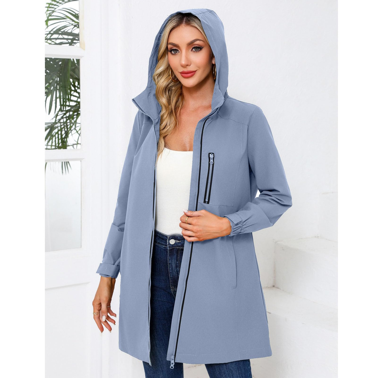 NZYIHAO Trench - Giacca impermeabile da donna, antivento, casual, tinta unita, con cappuccio, giacca a vento invernale con chiusura lampo, a maniche lunghe, giacca invernale larga, taglie forti