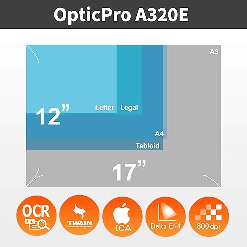Miniatura 2 de Plustek OpticPro A320E - Escáner de cama plana con sensor CCD A3, área de escaneo de 12" x 17" con velocidad de 7.8 segundos. Compatible con