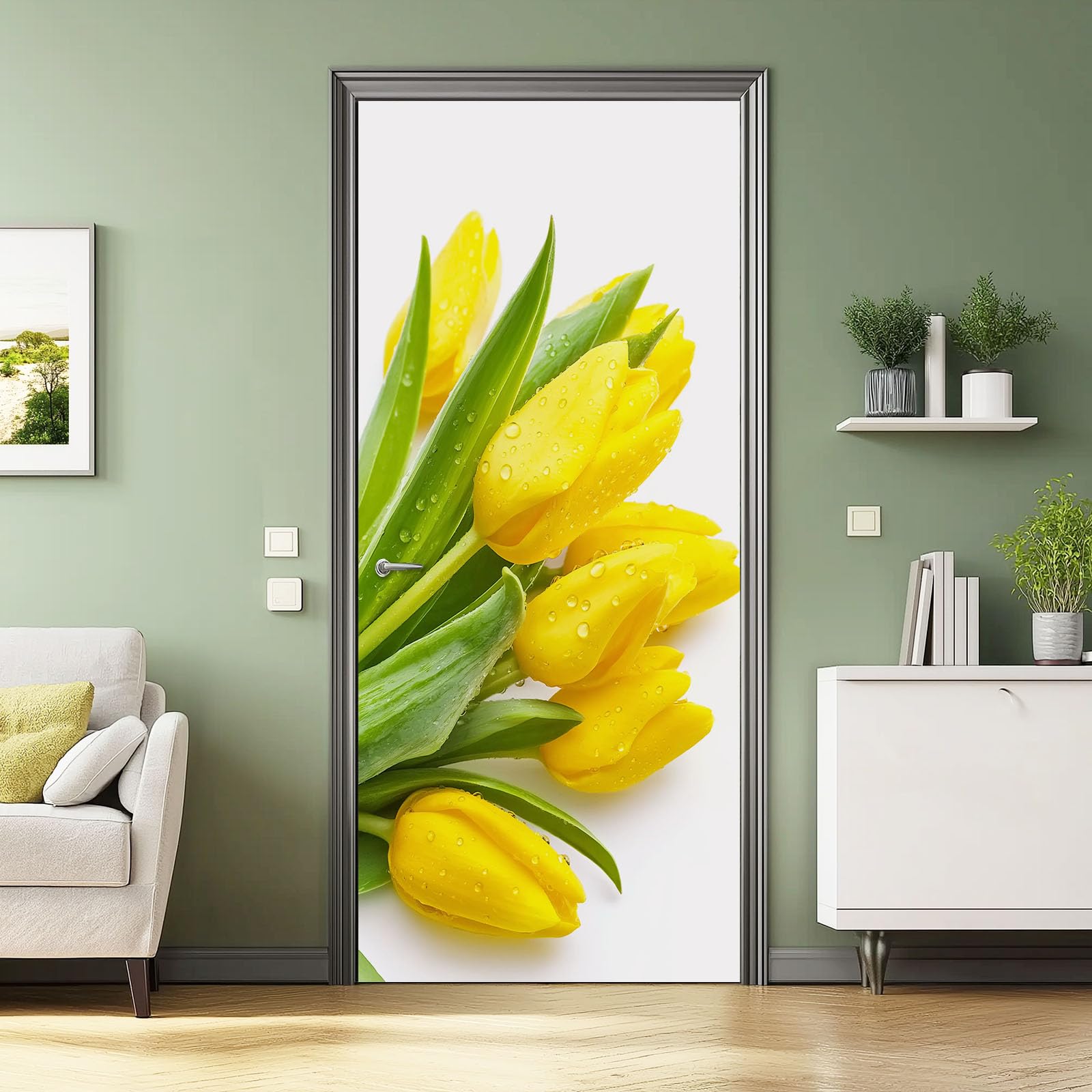 Naklejki na drzwi z motywem kwiatów, 80 x 210 cm, proste kwiaty, fotografia, PCW, samoprzylepna, fototapeta, biało-żółta, wodoszczelna, winylowa, zdejmowana naklejka na drzwi, do łazienki, pokoju