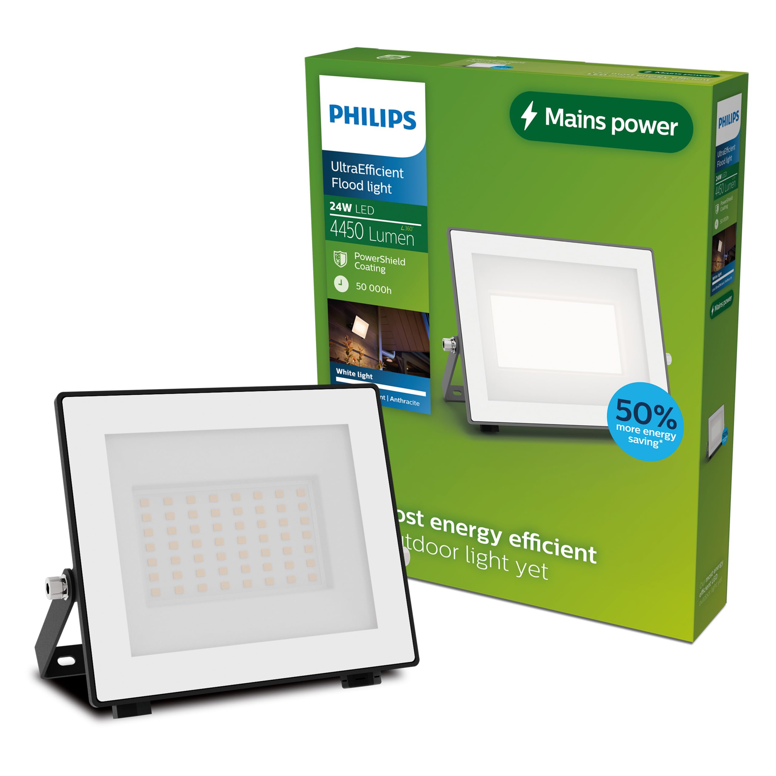 PHILIPS Lois UltraEfficient Outdoor Floodlight, Without Motion Sensor, 24 W, 3000 K White Light, Anthracite​