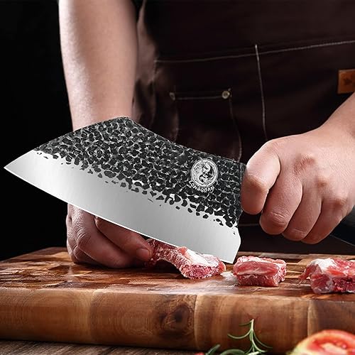 Miniatura 5 de LONGQUAN Cuchillo de carnicero de forja de 7.7 pulgadas, cuchillo de chef chino multifunción con mango de madera, cuchillo de carnicero ultra