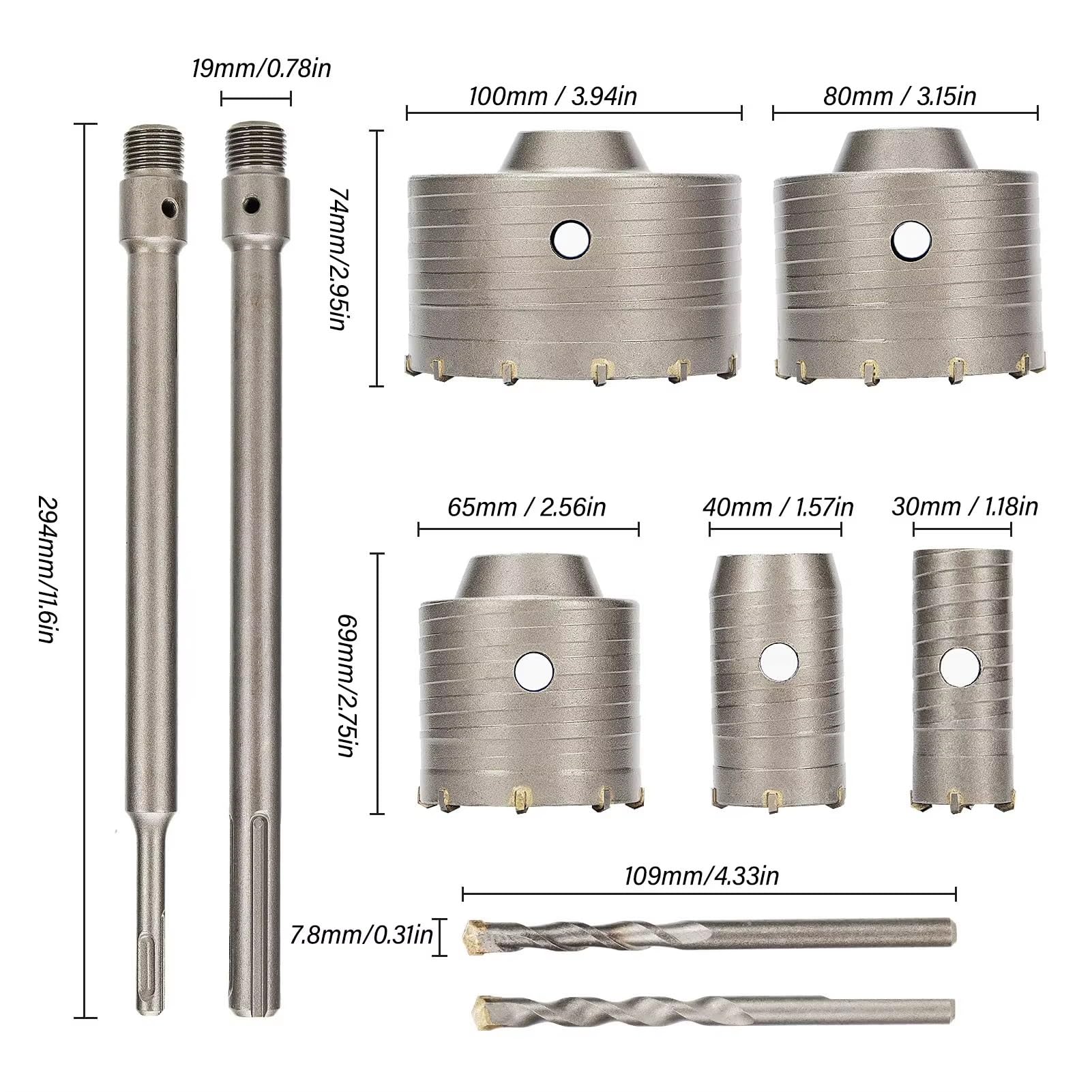 Set di Seghe a Tazza per Calcestruzzo, 9 Pezzi Set di Punte per Trapano Apri Fori per Cemento, 30/40/65/80/100 mm Carotatrici da trapano in Acciaio Per Forare Muro + Adattatore SDS Plus e SDS Max