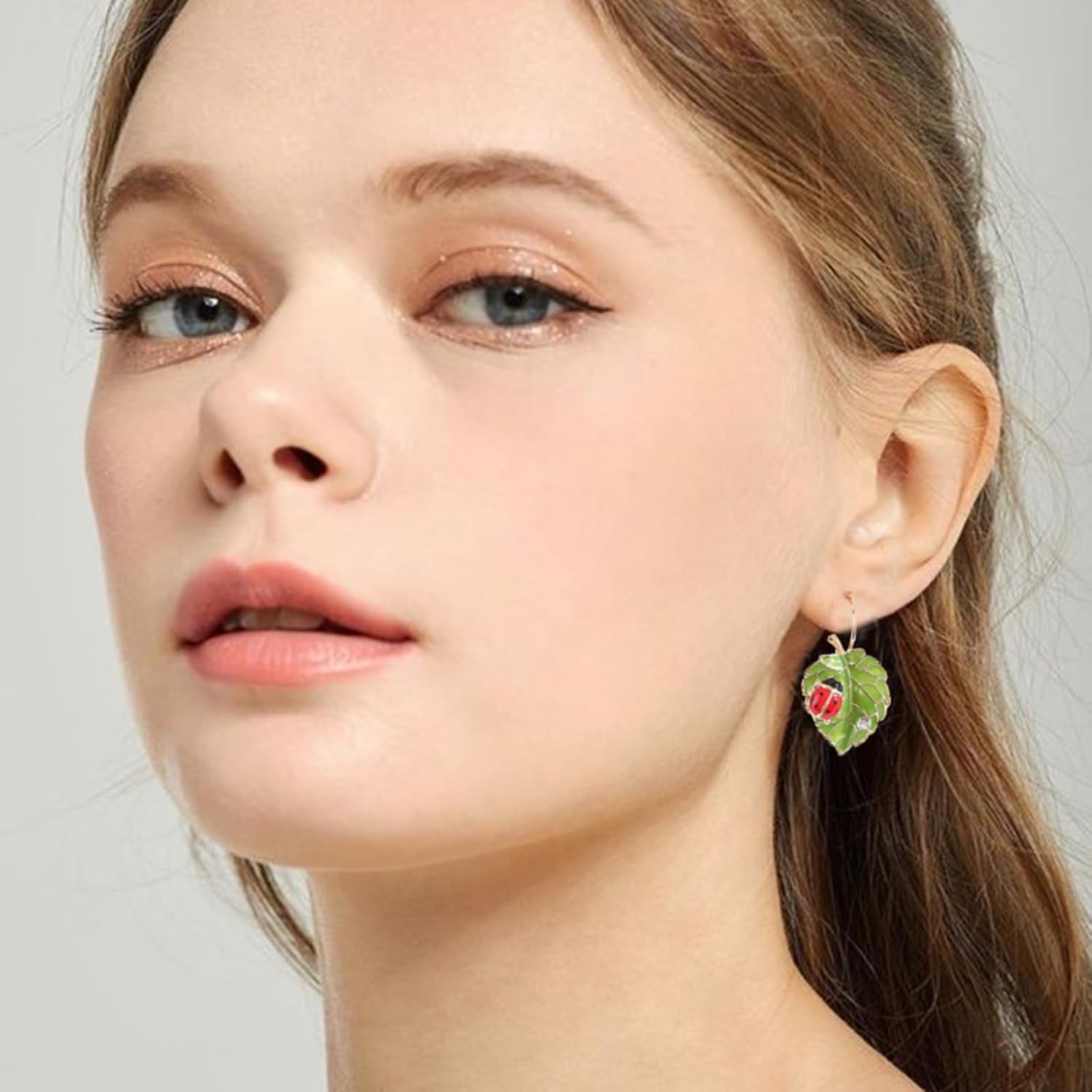 Bohemian Green Leaf Bug Ladybird Earrings for Women Lightweight Cute Insect Ladybug Leverback Earrings - Image 3