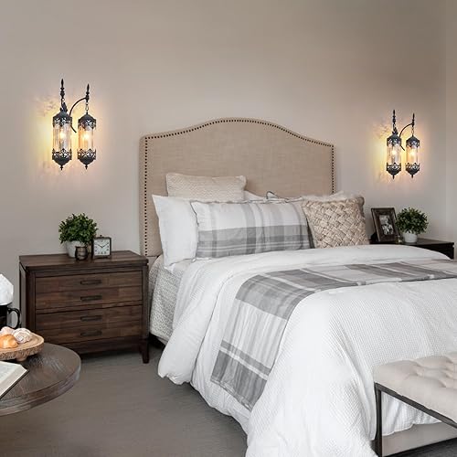 Miniatura 6 de RONGHUAFUGUI Apliques de pared negros góticos, lámpara de pared rústica de 2 luces de cristal ámbar, aplique de pared único vintage para dormitorio,