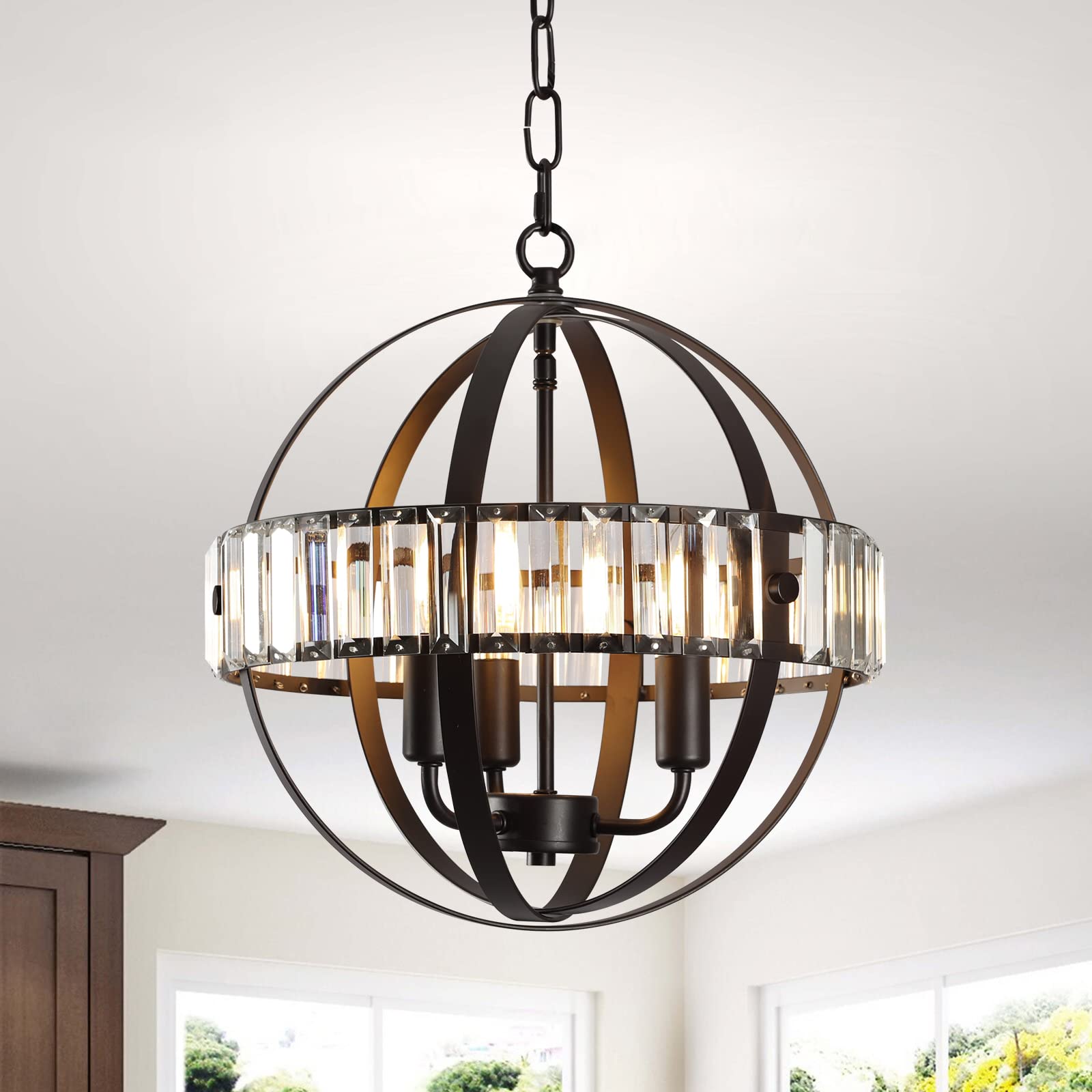 Crystal Chandelier Sputnik Modern 14.6" Black Globe Chandelier Light Fixtures Vintage Farmhouse Pendant Lighting for Kitchen Island Dining Living Room Bedroom Foyer Hallway