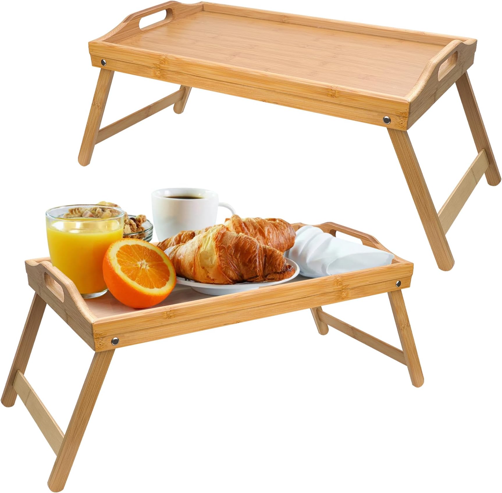 Purbambo 2 Pack Bed Tray Tables for Eating, 20 x 12 Inch Large Bamboo Breakfast Tray with Folding Legs and Handles, Portable Serving Tray for Bed Sofa
