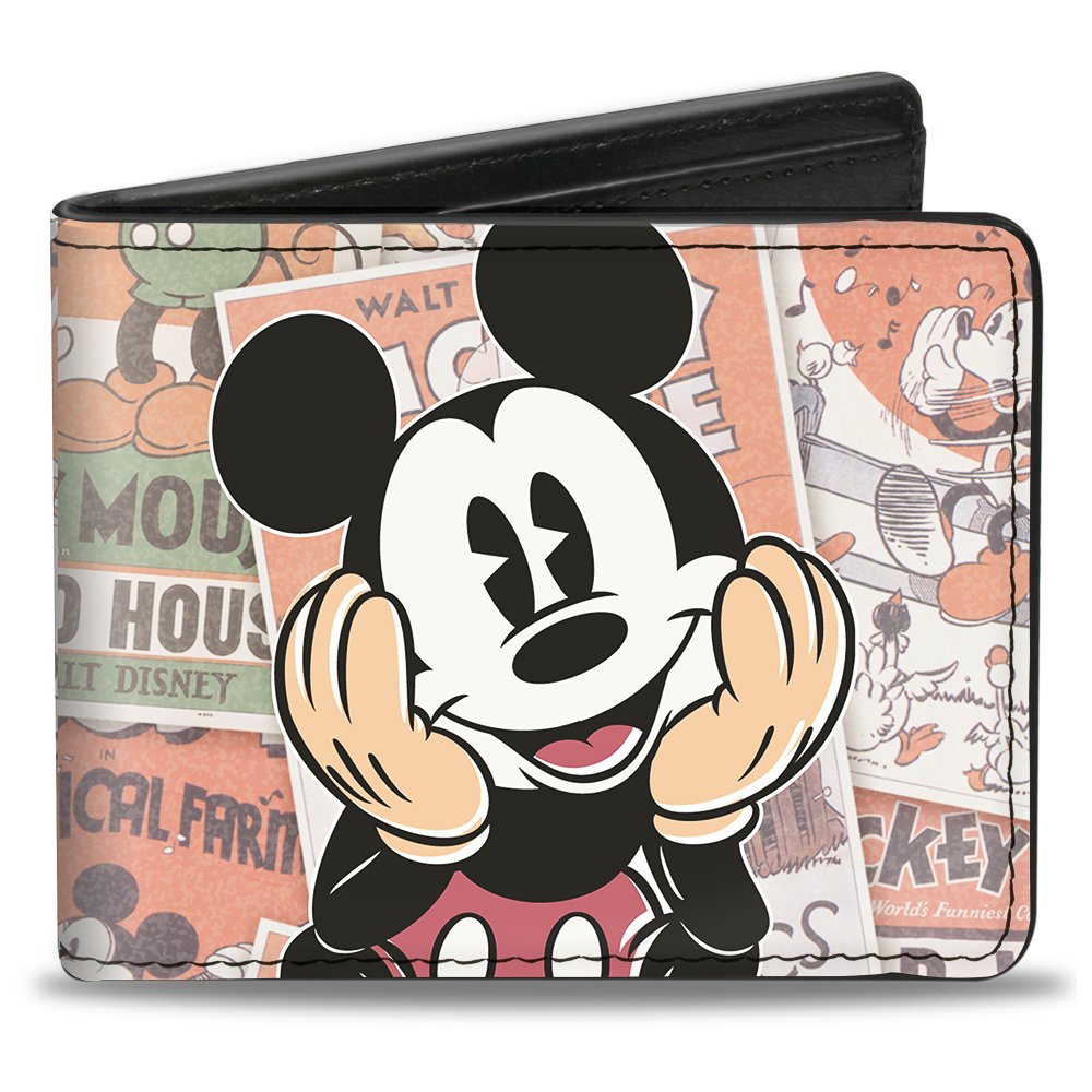Men's Disney Wallet, Bifold, Classic Mickey Sitting Pose Close Up Stacked Comics, Vegan Leather, Multicolor, Standard Size, Multicolor, Default Size