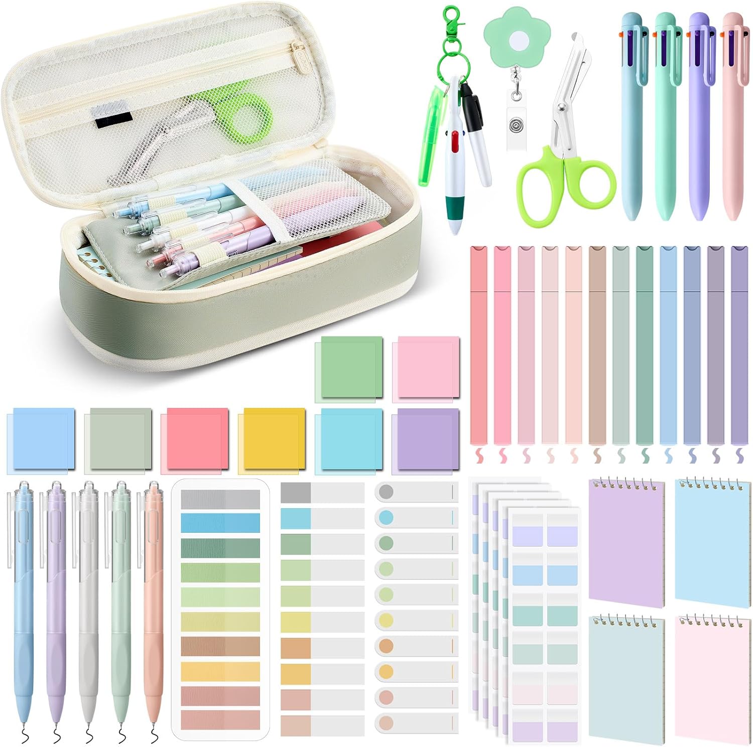 Jutom 50 Pcs Nursing School Essentials for Students Aesthetic Stationery CNA Gift Include Medical Scissors Badge Reel Transparent Sticky Notes Pens Notebook Pencil Case Highlighter Label(Green)