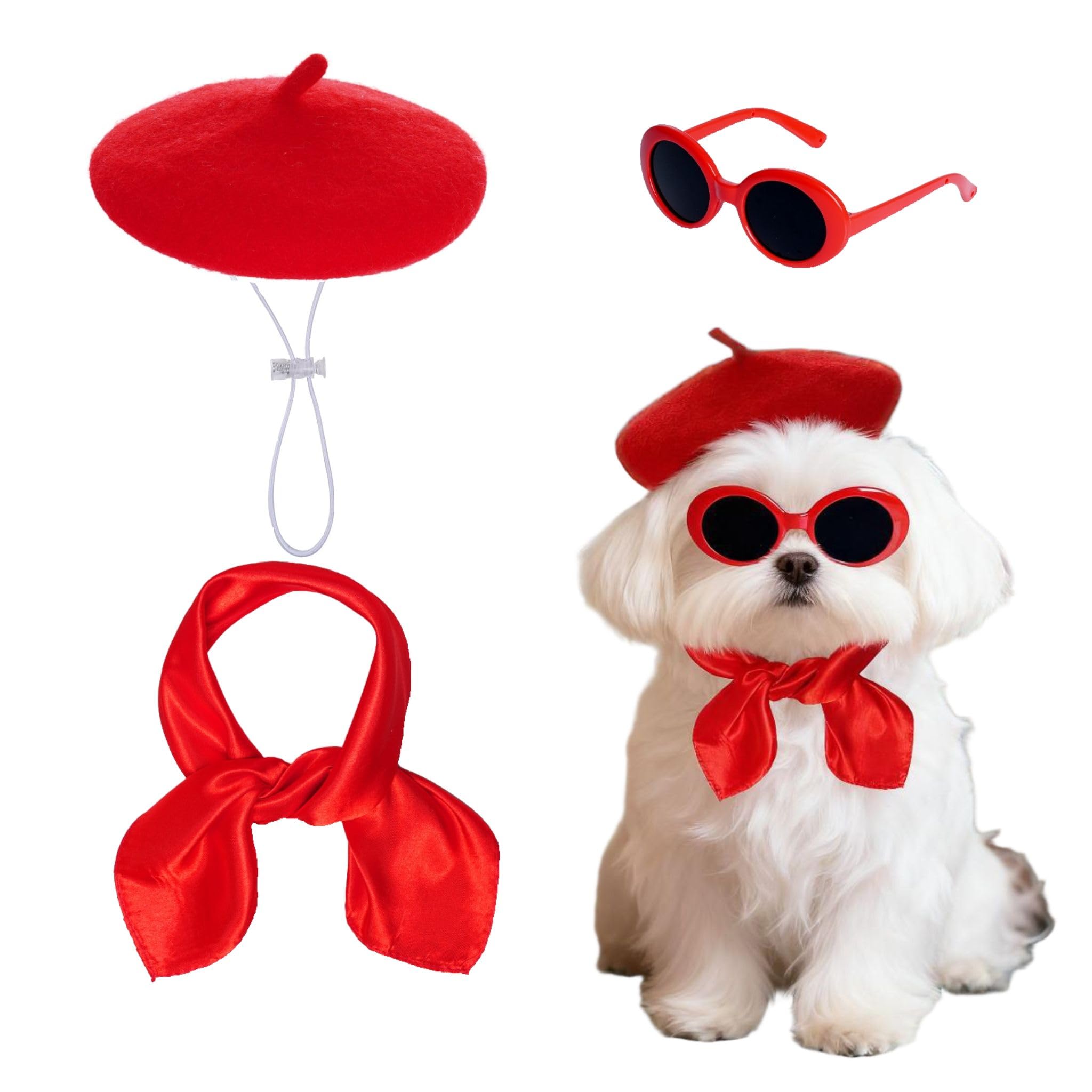Haakong Dog Beret Set Including Dog Beret Satin Scarf Funny Glasses Pet French Artist Beanie for Small Dogs Cats Halloween Christmas Cosplay Party