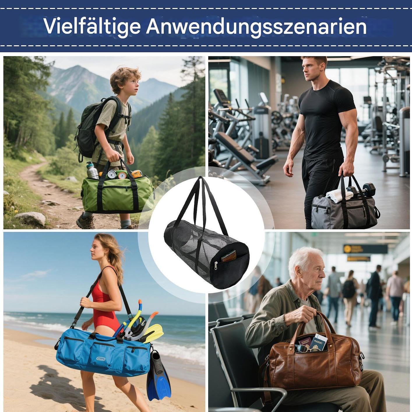 Generisch Extra große Netztasche, Tauchtasche aus Netzstoff, Faltbare übergroße Strandtasche mit verstellbarem Schultergurt, Netz-Reisetasche für Tauch und Schnorchelausrüstung