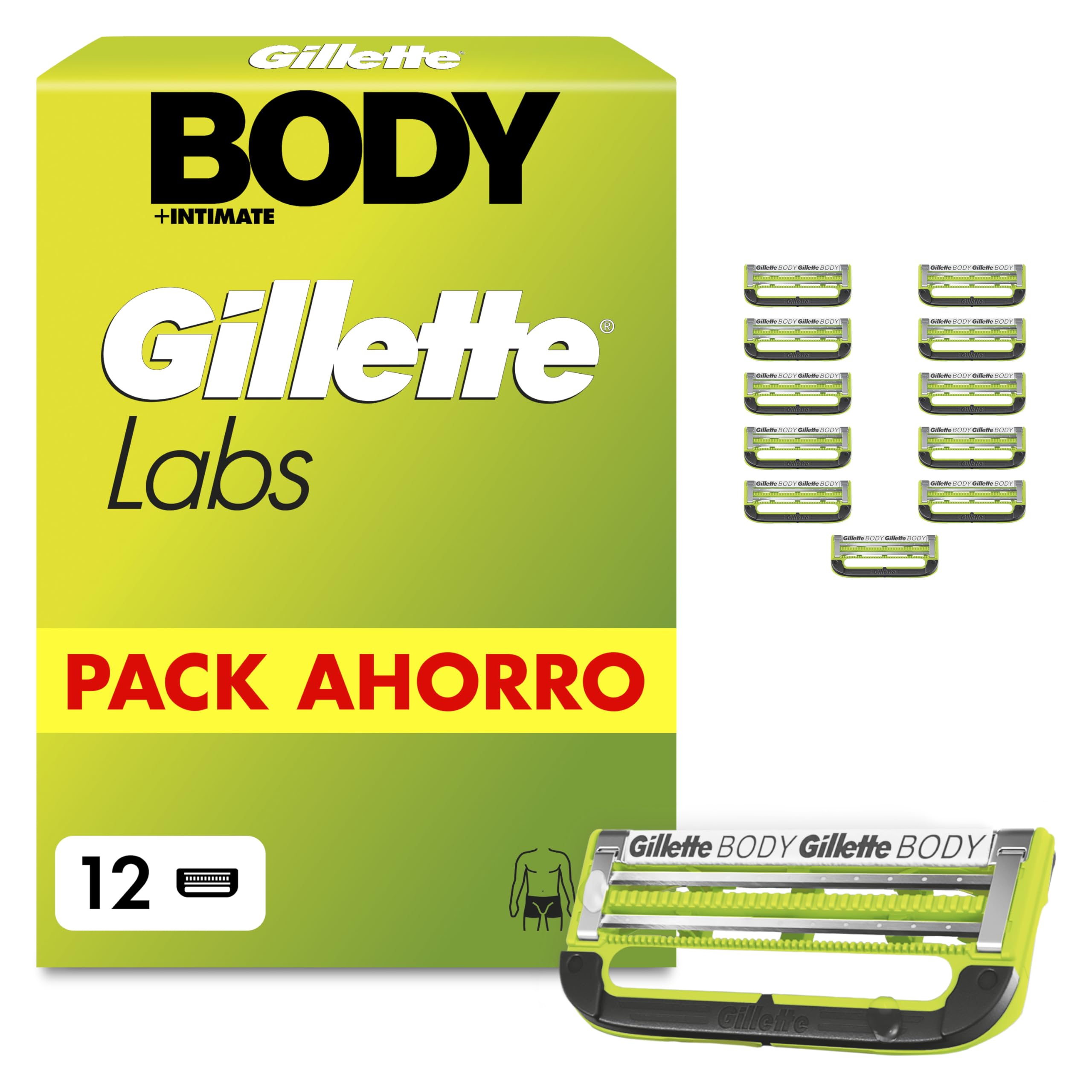 GilletteLabs Body + Intimate Cuchillas de Afeitar Cuerpo Hombre, Pack de 12 | Recambios de 2 Hojas, Banda Lubricante, Barra Anti-Vellos Enquistados Y Anti-Irritación, Depilación de La Zona Íntima Hombre