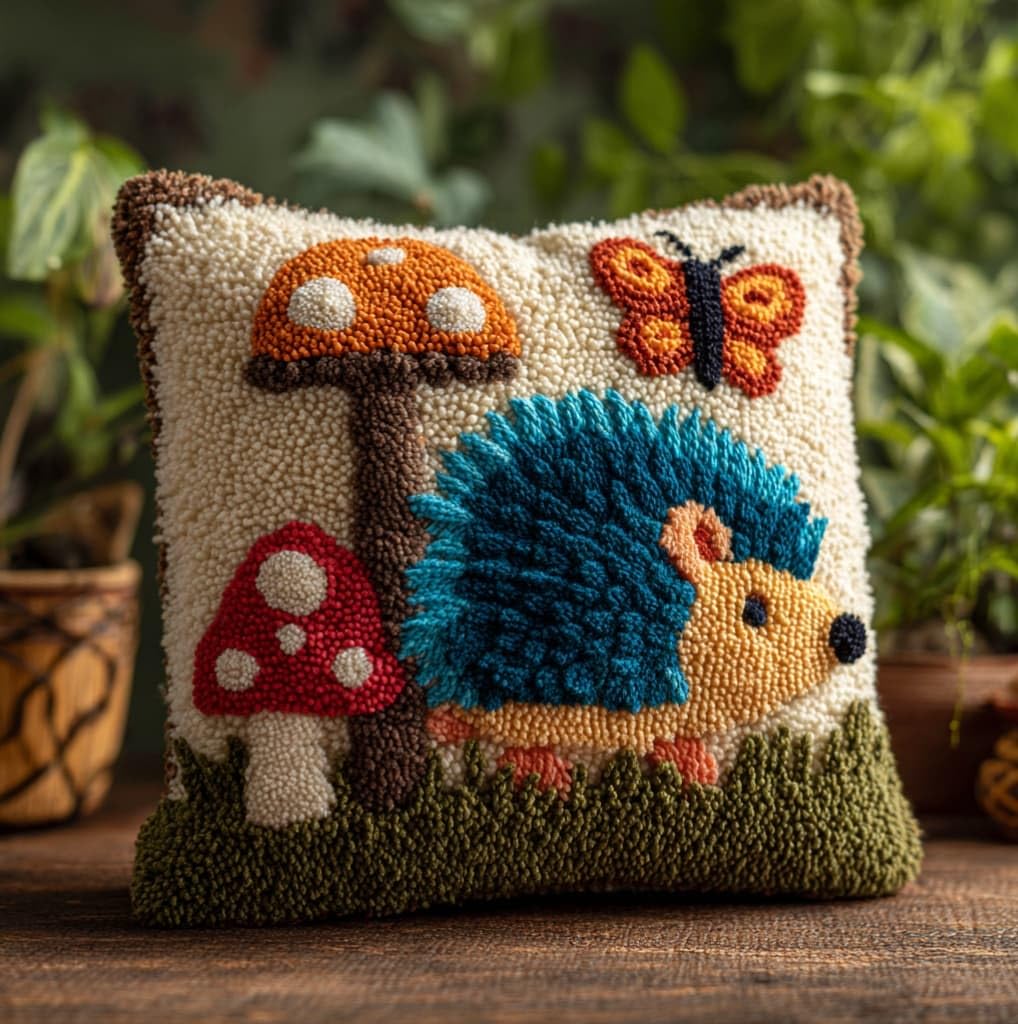 AxiangziK DIY Latch Hook Pillow Kit,Hedgehogs and flowerbeds 17x17inch Printed Pillowcase Crochet Yarns Hooking Handmade Cushion for Home Sofa Decoration