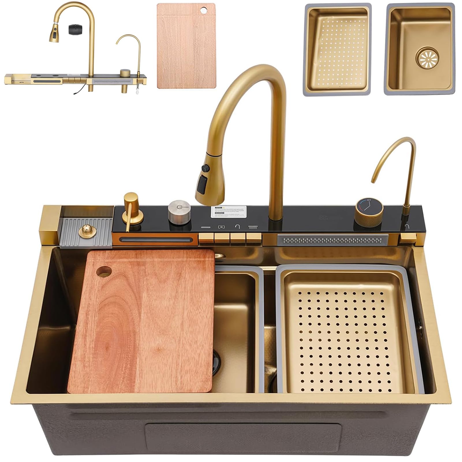 WIQUYBML Waterfall Kitchen Sink, 68 x 45 cm, 1 Basin, Stainless Steel Kitchen, Modern Large Gold Rectangular Sink with Tap, Siphon Drain and Overflow Set