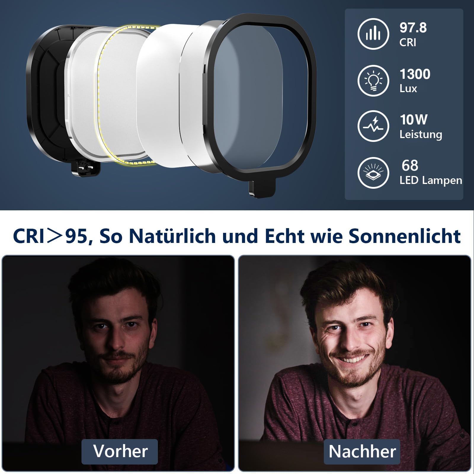 LitONES Schreibtischlampe LED für Videokonferenz, Dimmbar Tisch Ringlicht mit Stativ Handy - 3 Lichtfarben + 10 Helligkeiten, CRI 97.8 Augenschutz Bürolampe für Home-Office [Energieklasse A]