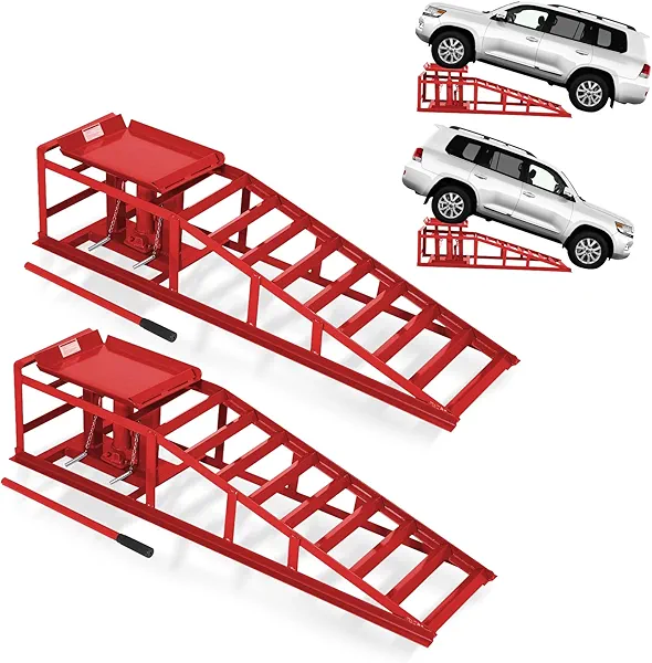 GarveeTech Hydraulic Car Ramps 2-Pack, 11000Lbs Low Profile Portable Car Lift Ramp for Oil Change & Garage Repair, Heavy Duty Steel Ramps for Trucks/Low Cars (Red) (red, 5 ton)