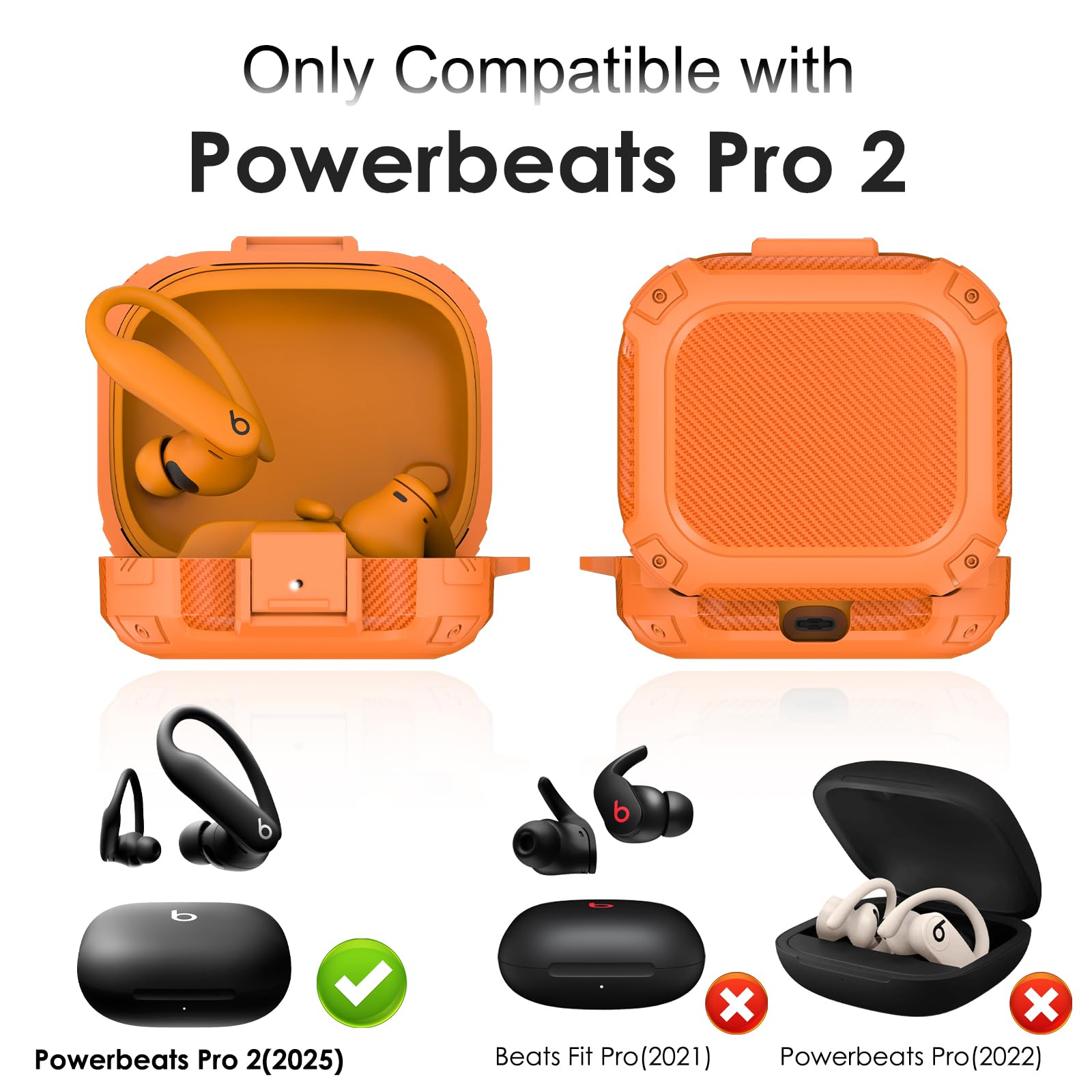 [Blocco di sicurezza aggiornato] per Beats Powerbeats Pro 2, custodia protettiva antiurto in fibra di carbonio LDSXAY per Powerbeats Pro 2 2025 con kit di pulizia e moschettone (arancione)