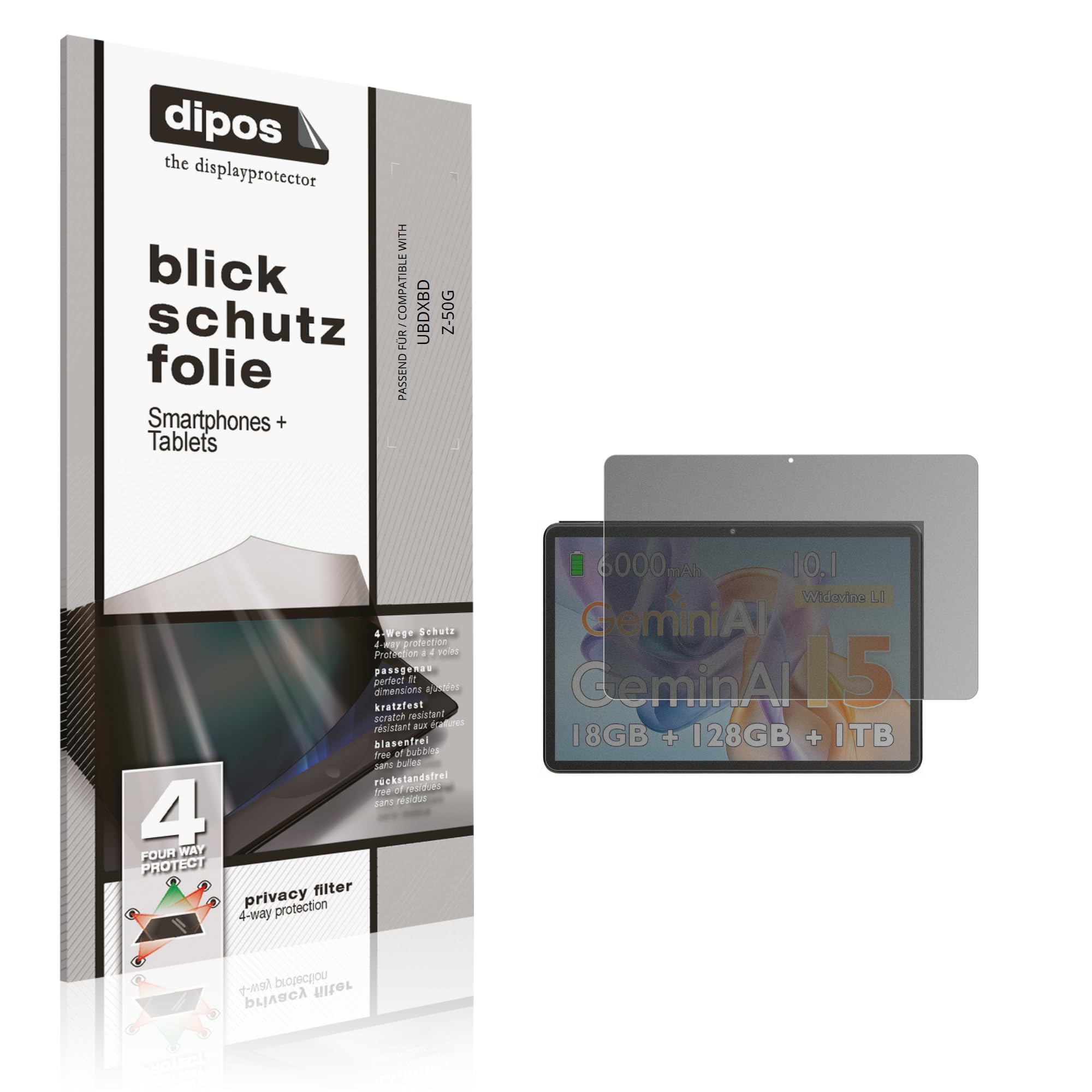 dipos Protector de Pantalla Antiespía para UBDXBD Z-50G | Película protectora mate, filtro de privacidad 4 vías, ajuste perfecto, antiarañazos, sin burbujas, autoadhesivo