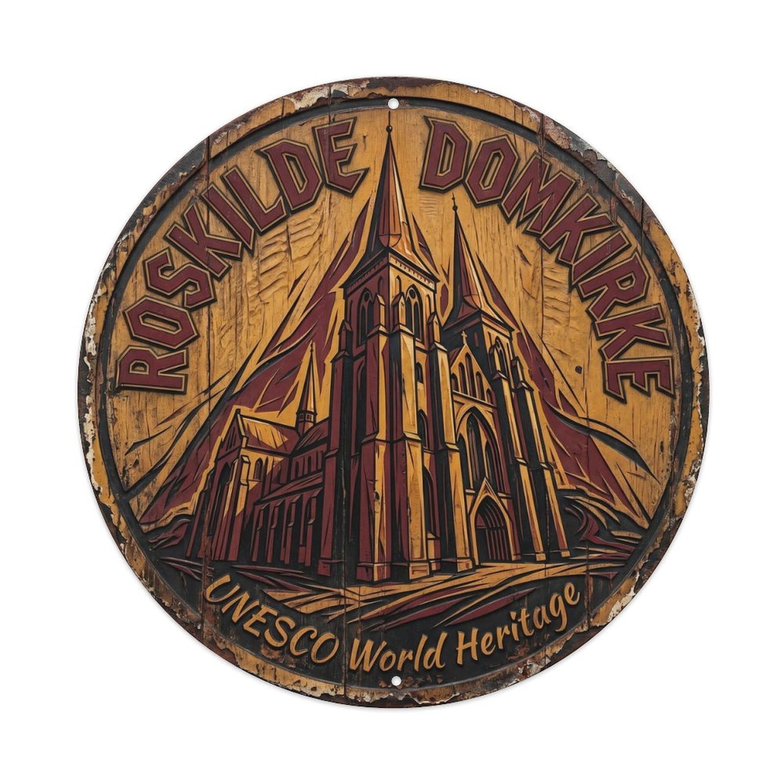 Cmhok Vintage Style-19 Vintage Travel Cathedral Roskilde Artwork Metal Tin Sign Plaque Wall Decor For Cafe, Club, Garden Round Metal Poster 8X8inch