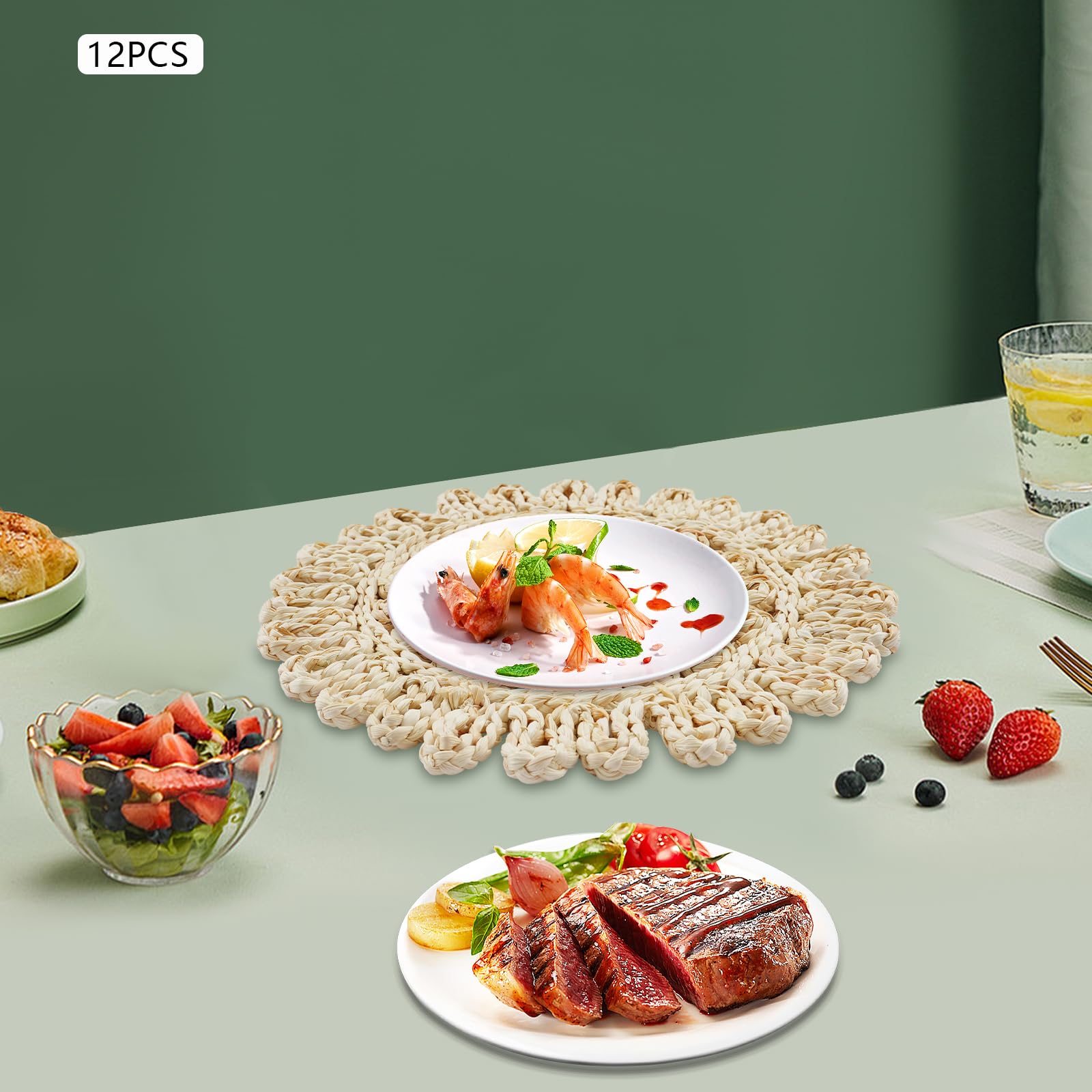12er Set Runde Gewebte Platzsets für Esstisch & Dekoration, 30cm