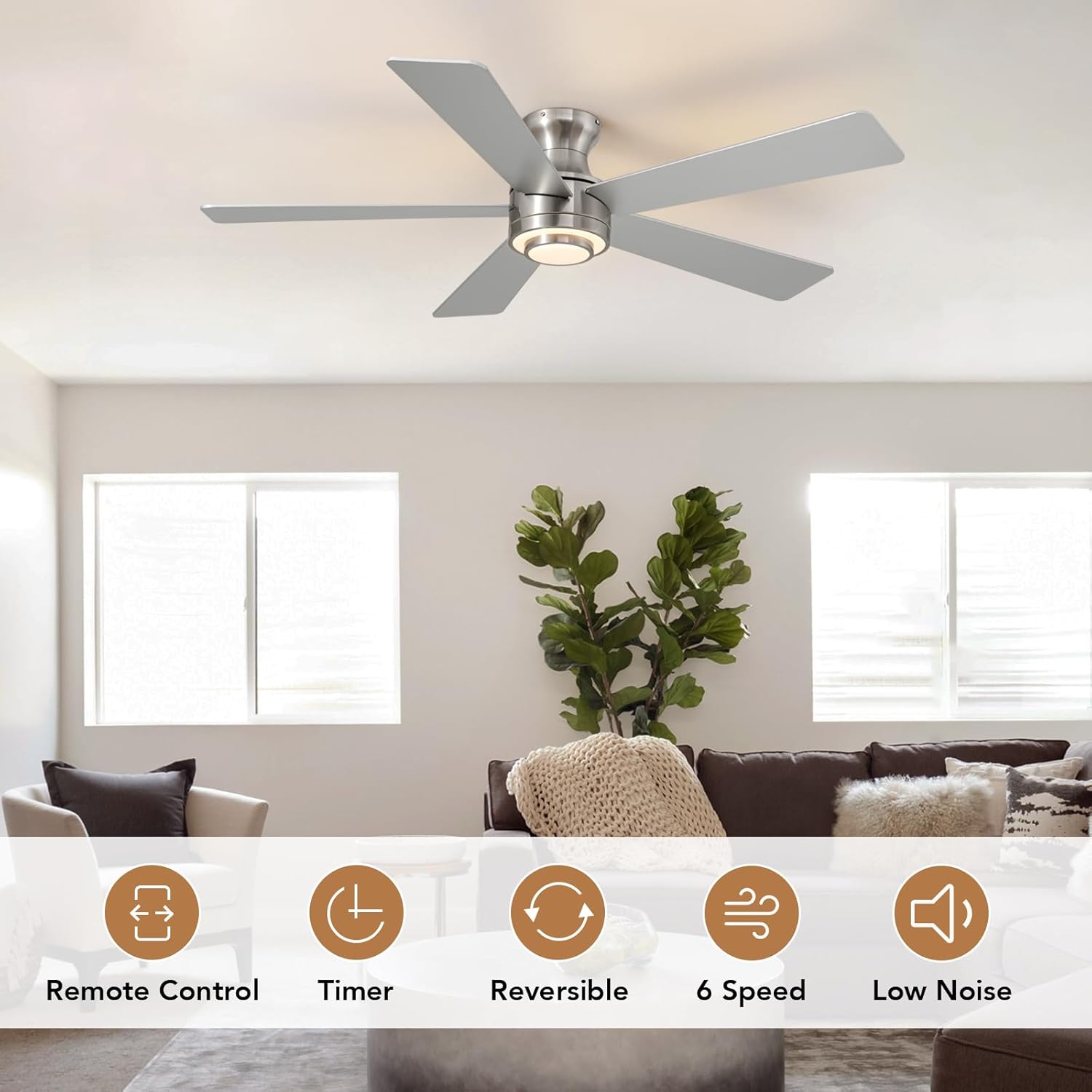 52 Inch Ceiling Fan with Lights Modern Chandelier Fan with Remote Control &APP Control 52" Nickel Reversible Fandelier for Bedroom Dining Room Living Room